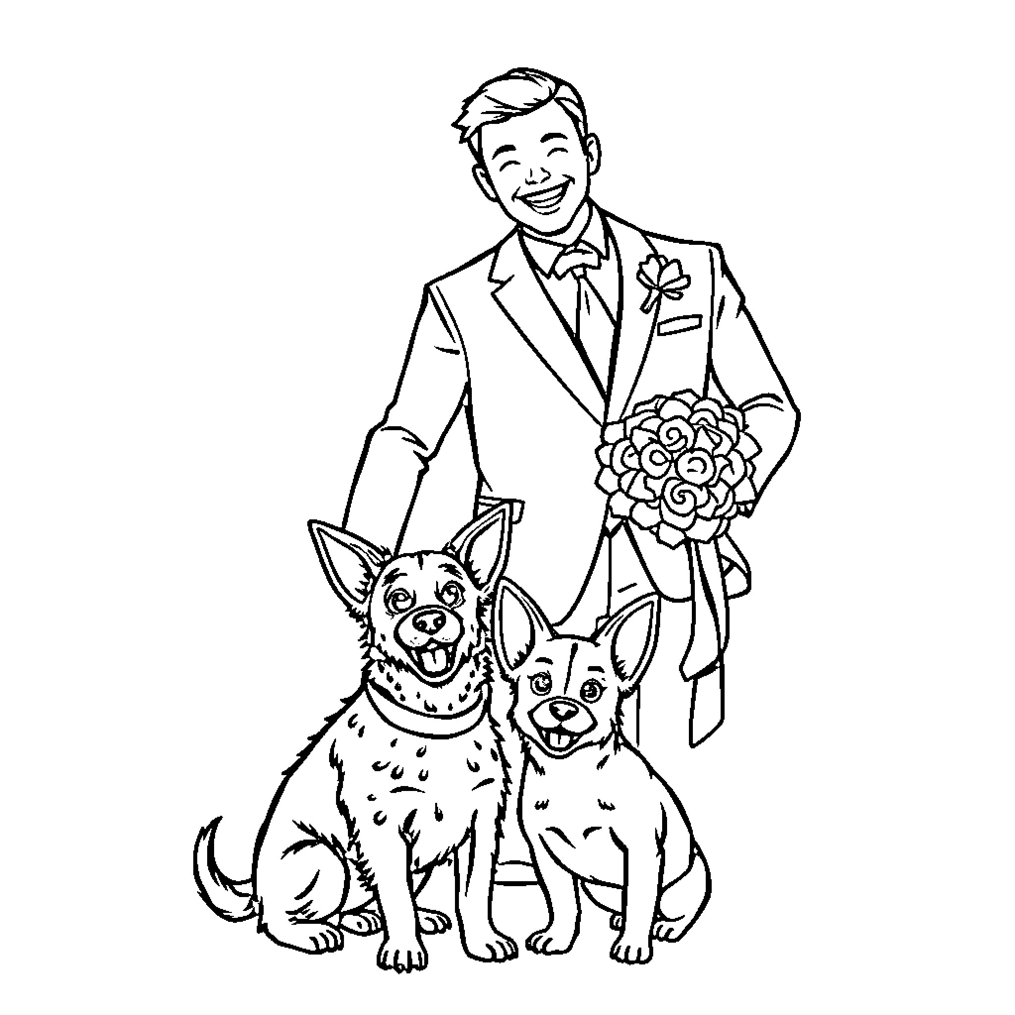 Wedding with Groom and Furry Companions Coloring Page (free black-and-white line drawing printable PDF for all, from beginners to advanced learners, including children, teens, adults, and seniors)