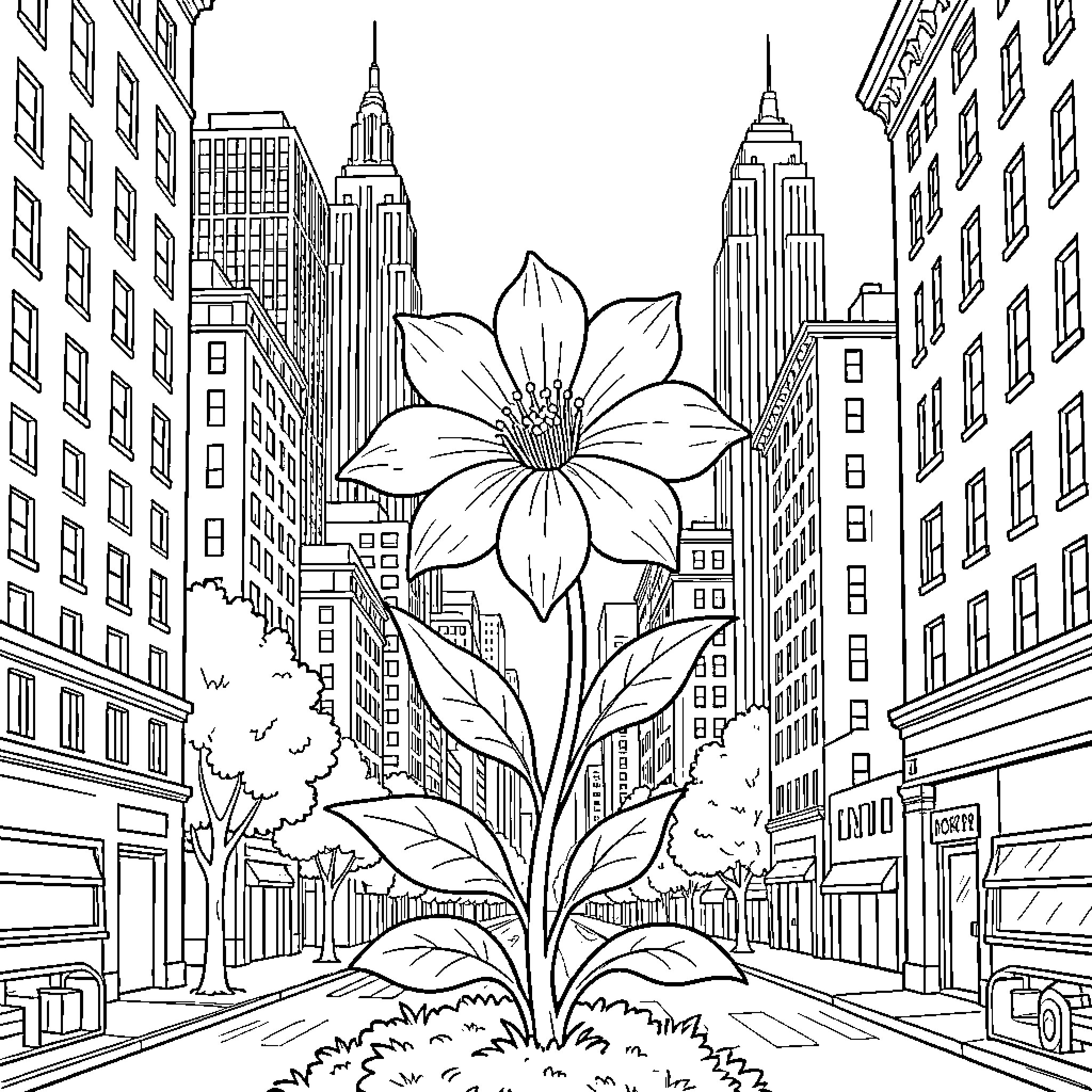 Flower Blooming in the City Skyline Coloring Page (free black-and-white line drawing printable PDF for all, from beginners to advanced learners, including children, teens, adults, and seniors)