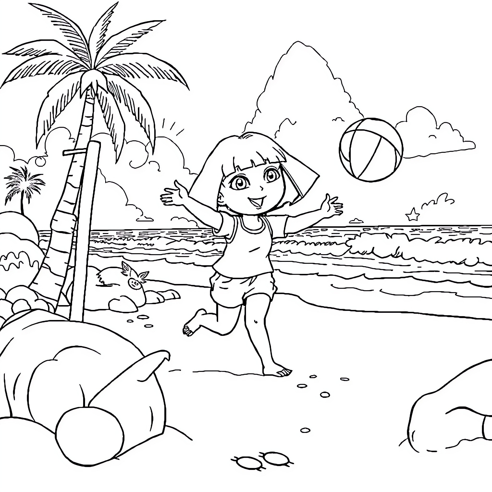 Dora enjoying a fun day at the beach Coloring Page (free black-and-white line drawing printable PDF for all, from beginners to advanced learners, including children, teens, adults, and seniors)