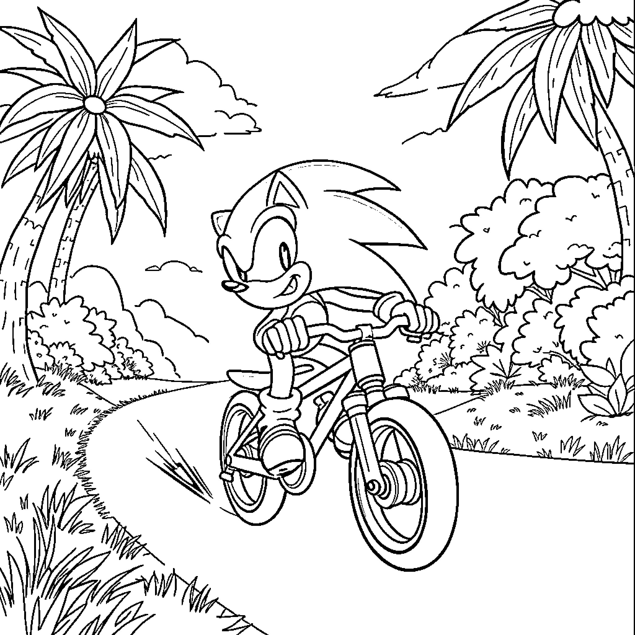 Sonic cycling through a tropical landscape Coloring Page (free black-and-white line drawing printable PDF for all, from beginners to advanced learners, including children, teens, adults, and seniors)
