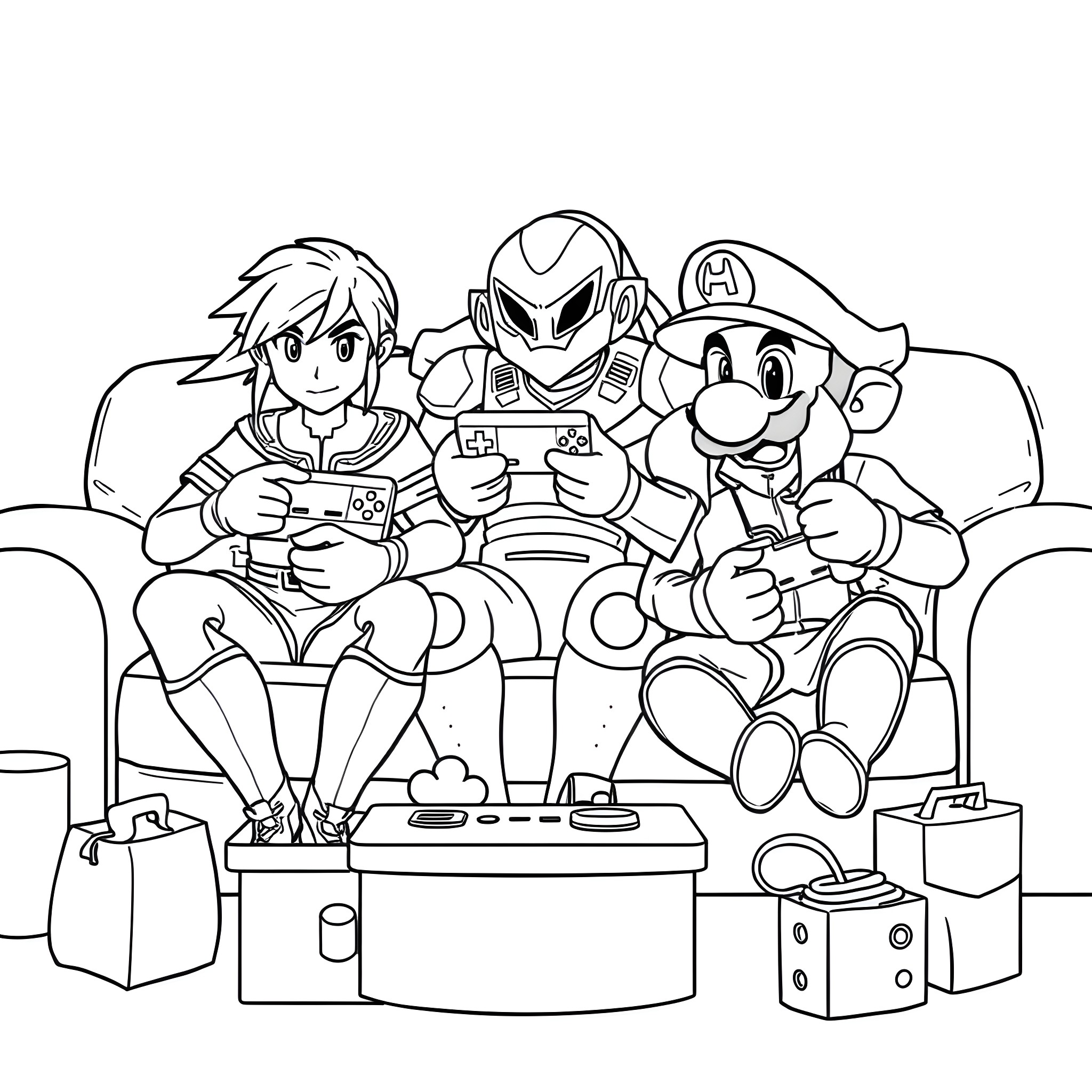 Link to video game adventure with friends Coloring Page (free black-and-white line drawing printable PDF for all, from beginners to advanced learners, including children, teens, adults, and seniors)