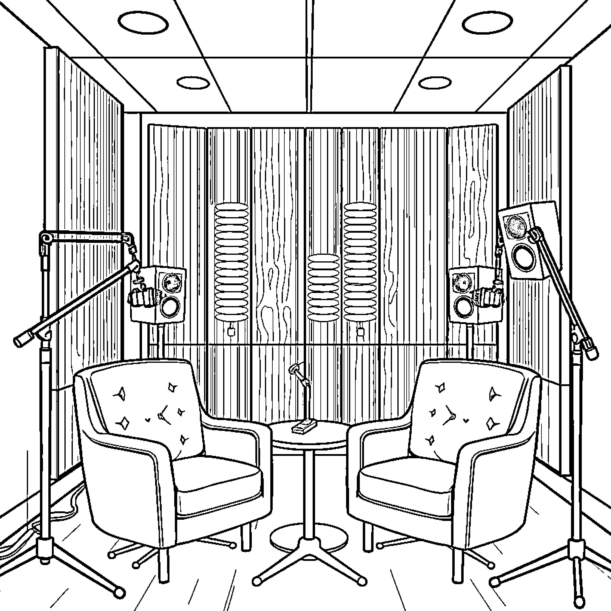 Podcast Studio with Recording Equipment Coloring Page (free black-and-white line drawing printable PDF for all, from beginners to advanced learners, including children, teens, adults, and seniors)