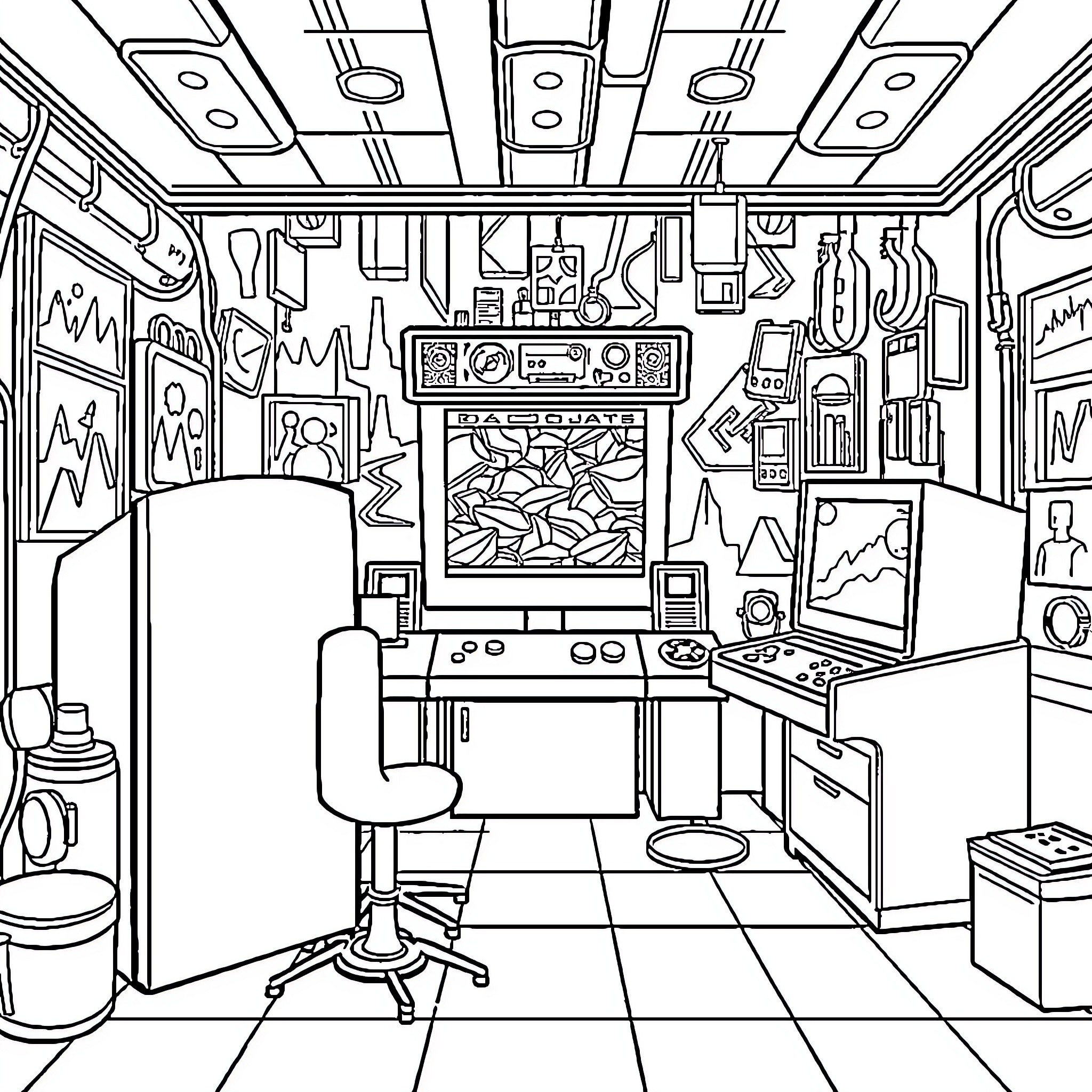 Game Room Filled with Eclectic Gaming and Entertainment Gear Coloring Page (free black-and-white line drawing printable PDF for all, from beginners to advanced learners, including children, teens, adults, and seniors)