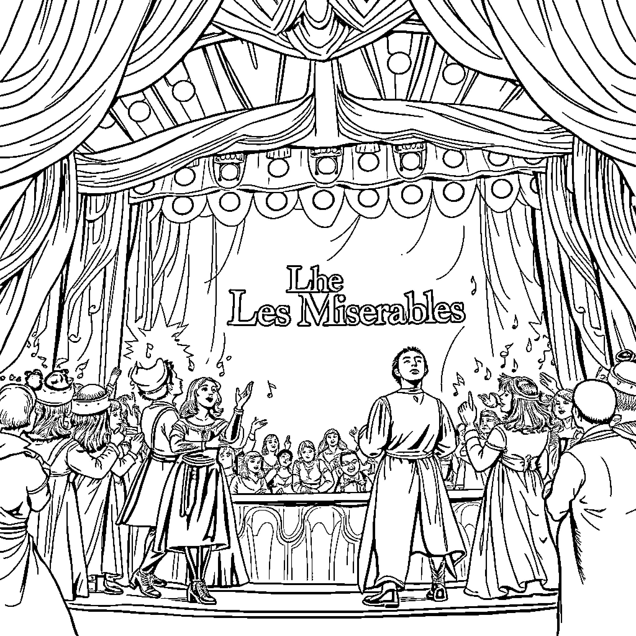 Les Miserables: Characters Performing on Stage Coloring Page (free black-and-white line drawing printable PDF for all, from beginners to advanced learners, including children, teens, adults, and seniors)