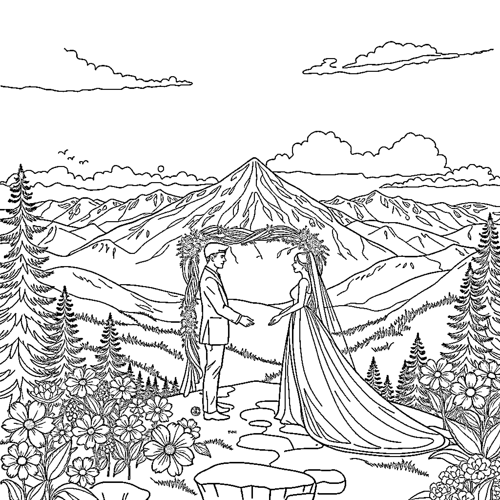 Wedding ceremony in scenic mountain landscape Coloring Page (free black-and-white line drawing printable PDF for all, from beginners to advanced learners, including children, teens, adults, and seniors)