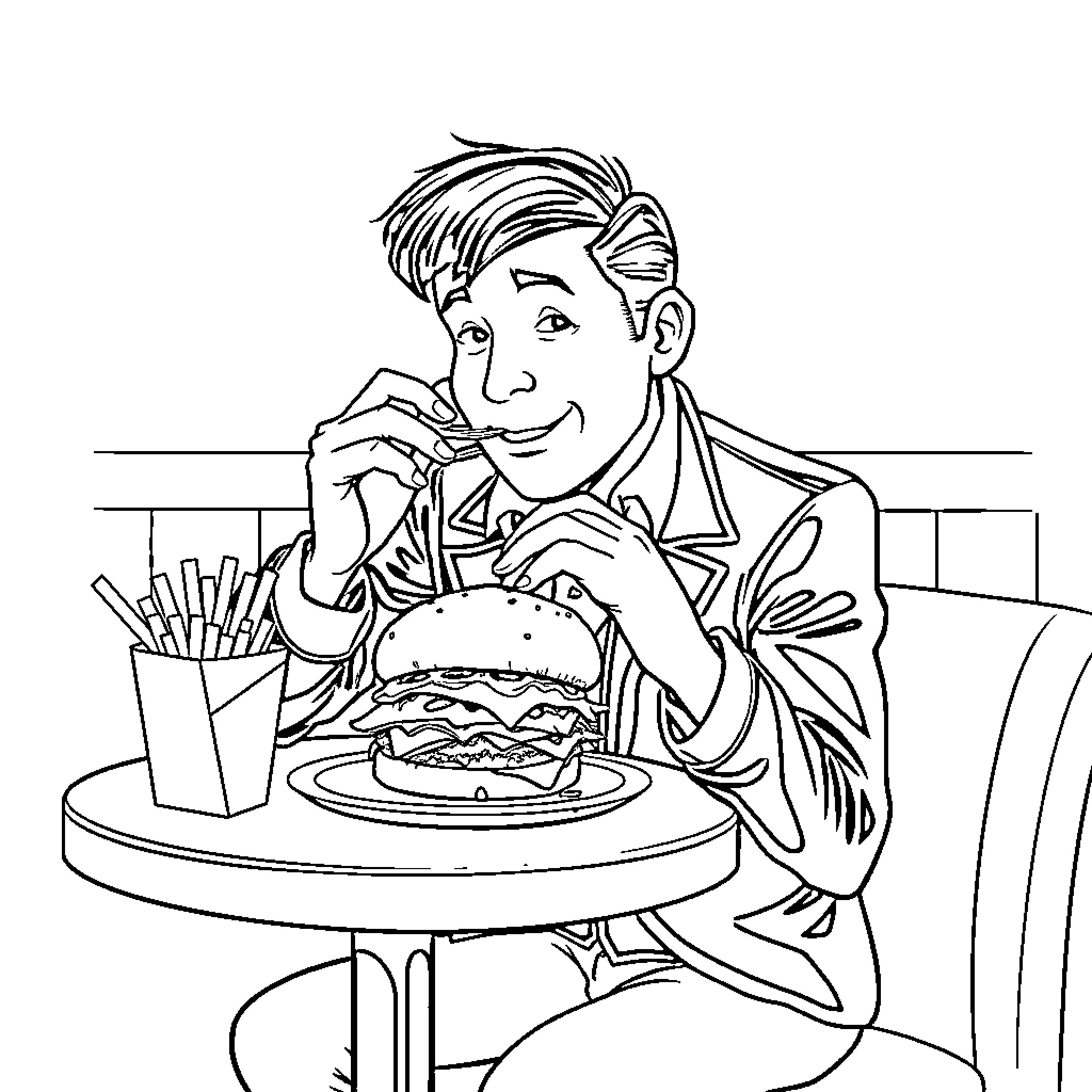 Tommy Shelby enjoys a delicious burger at a local diner Coloring Page (free black-and-white line drawing printable PDF for all, from beginners to advanced learners, including children, teens, adults, and seniors)