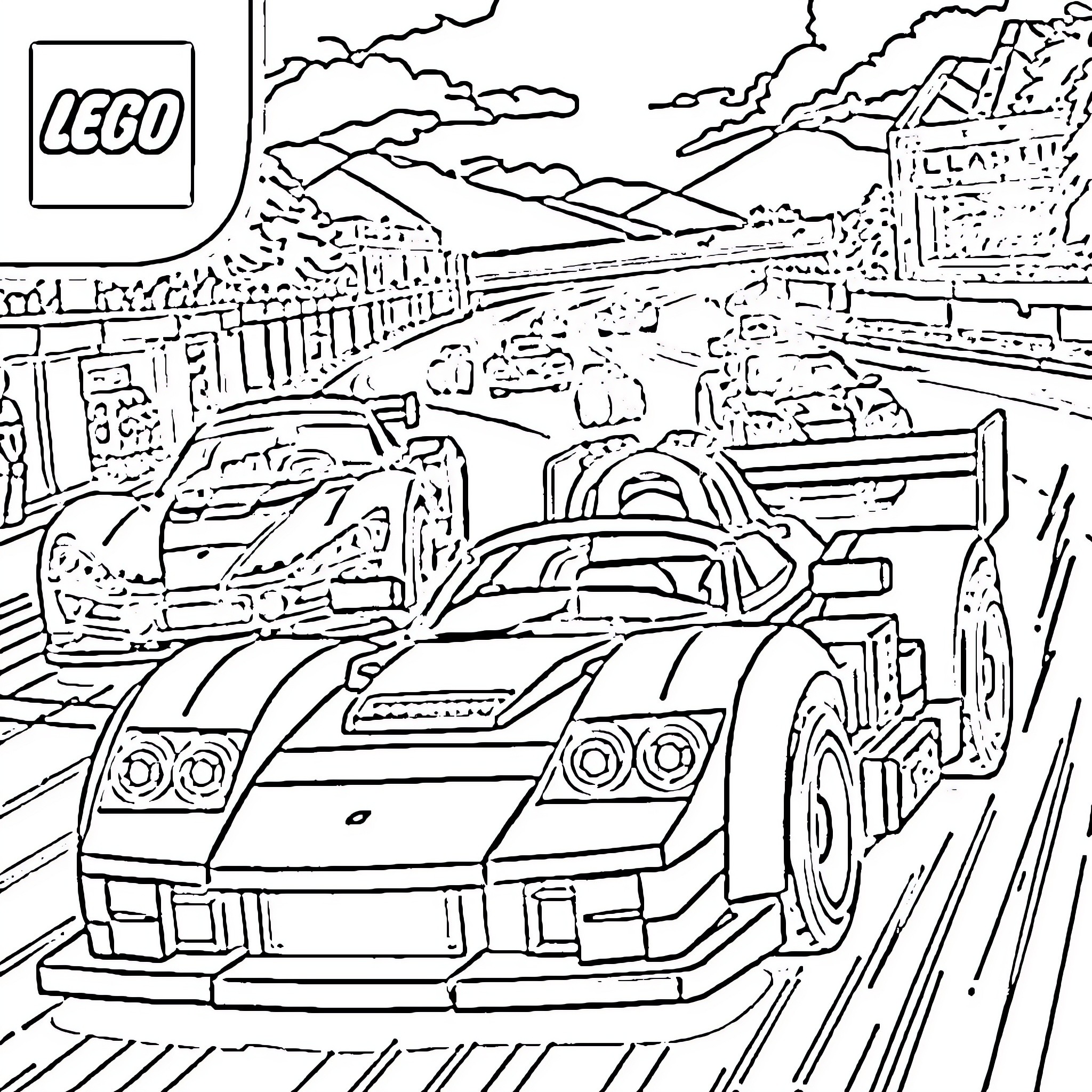 Lego race cars speeding down the highway Coloring Page (free black-and-white line drawing printable PDF for all, from beginners to advanced learners, including children, teens, adults, and seniors)