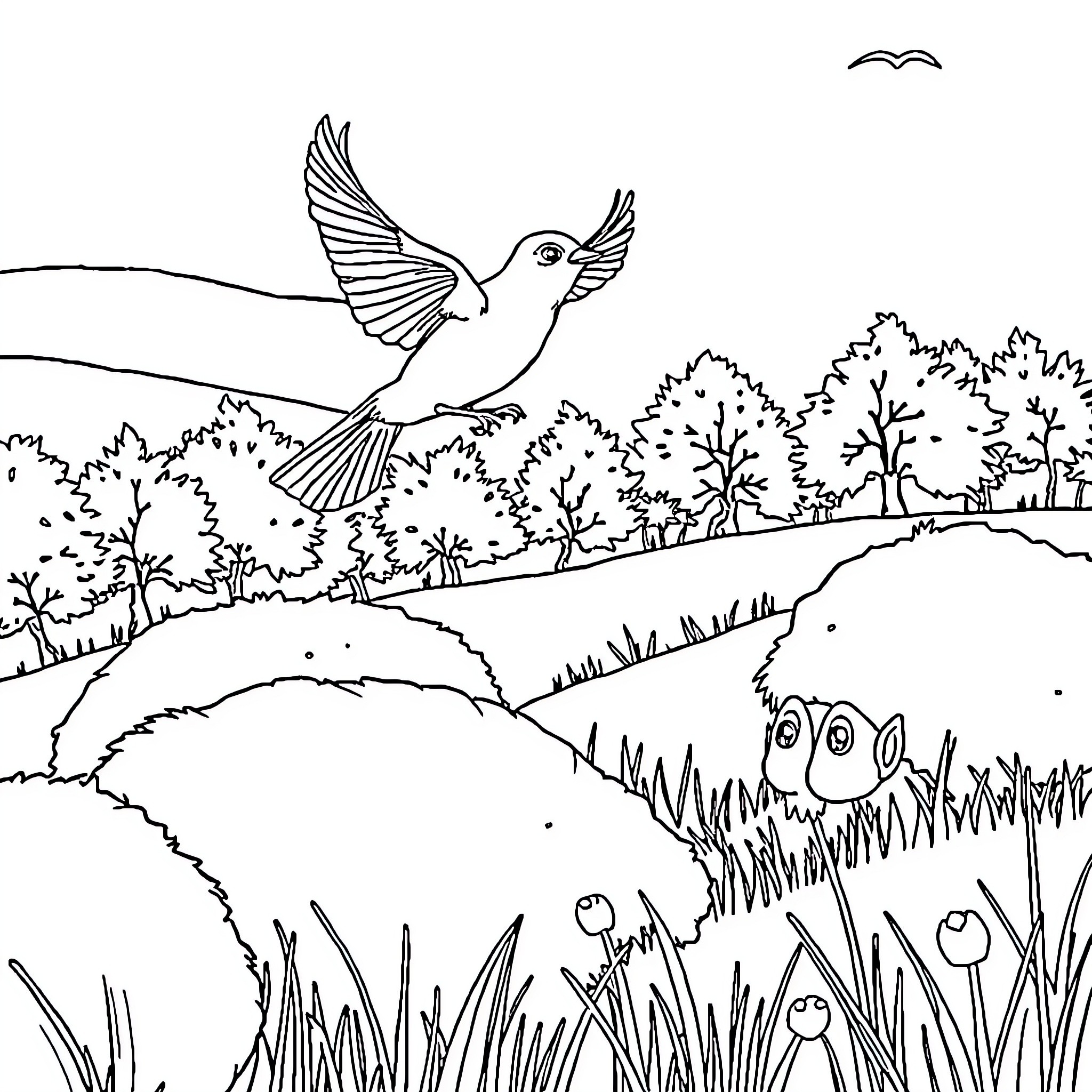 Cigale bird soaring over a forest landscape Coloring Page (free black-and-white line drawing printable PDF for all, from beginners to advanced learners, including children, teens, adults, and seniors)
