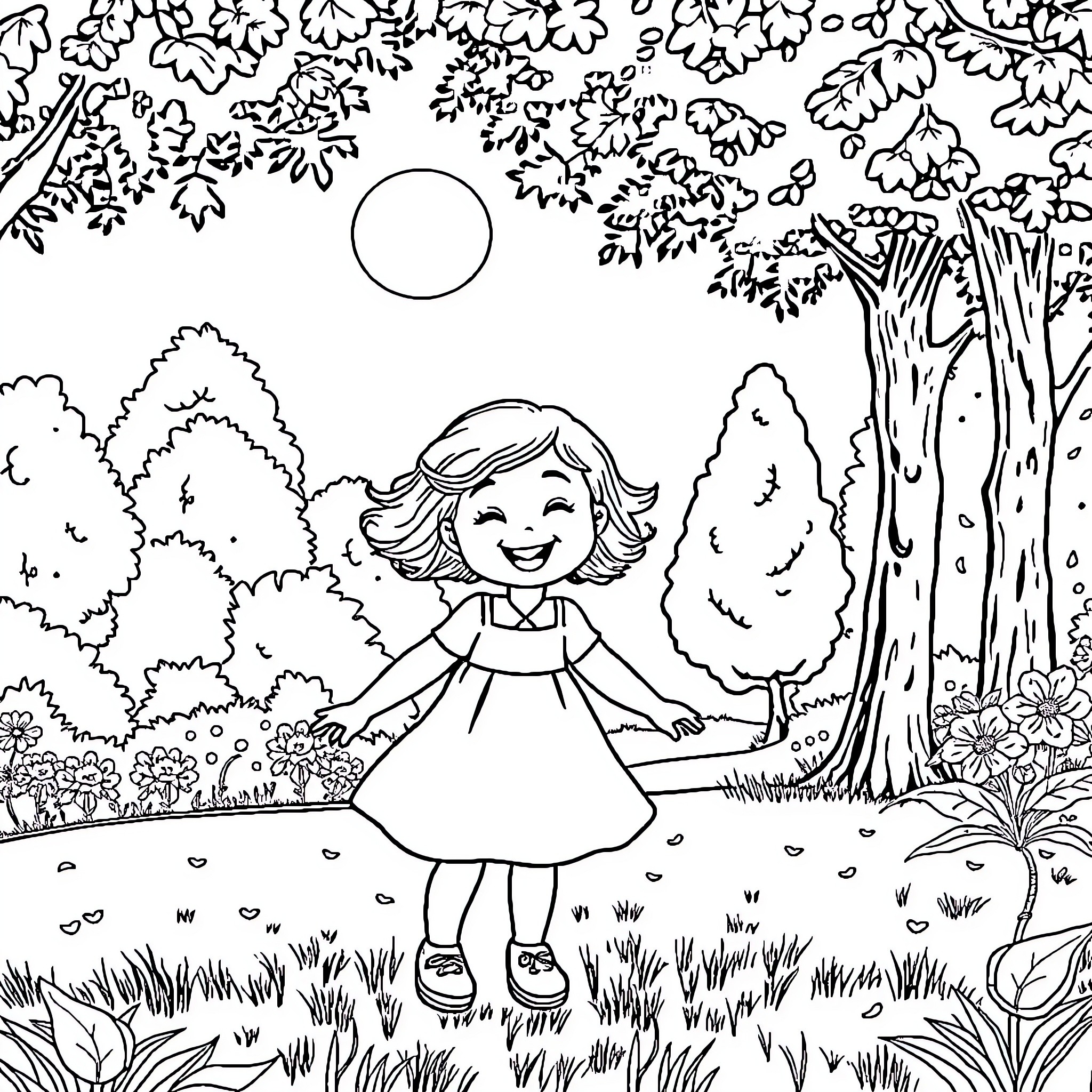 Fille dans le paysage forestier Coloring Page (free black-and-white line drawing printable PDF for all, from beginners to advanced learners, including children, teens, adults, and seniors)