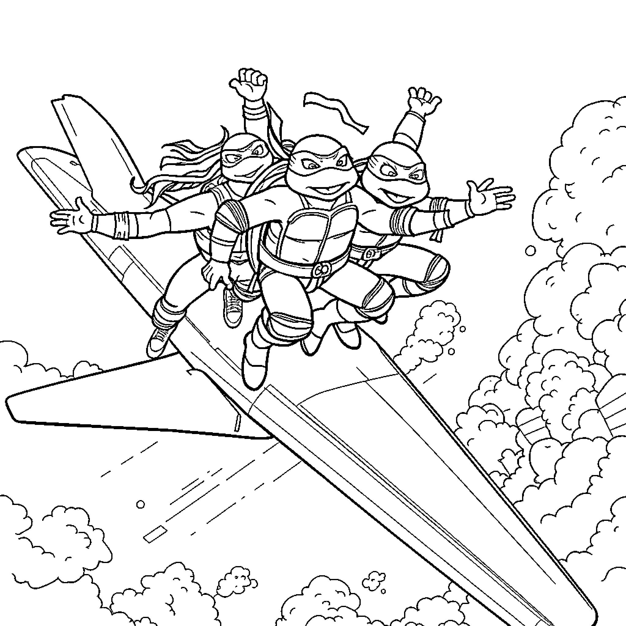 Teenage Mutant Ninja Turtles riding a surfboard through the sky Coloring Page (free black-and-white line drawing printable PDF for all, from beginners to advanced learners, including children, teens, adults, and seniors)