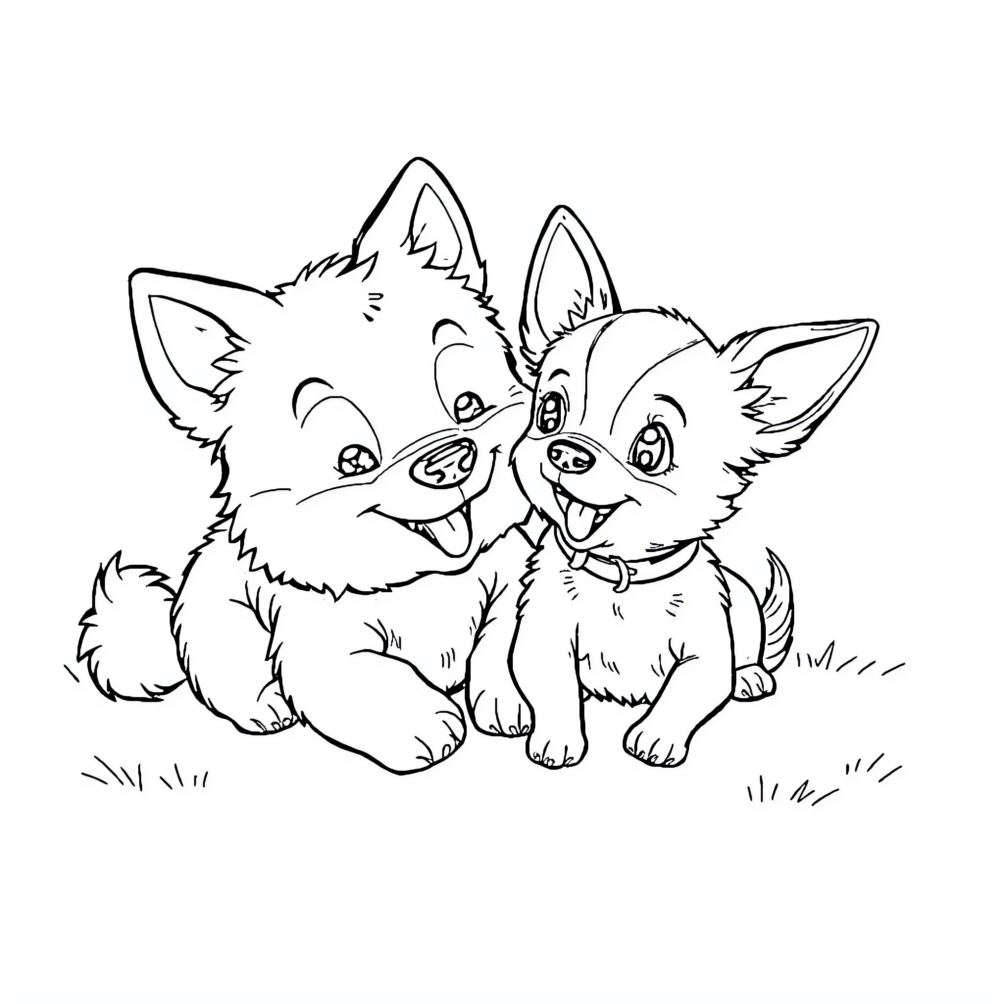 Labubu Playful Puppies Enjoying the Outdoors Coloring Page (free black-and-white line drawing printable PDF for all, from beginners to advanced learners, including children, teens, adults, and seniors)
