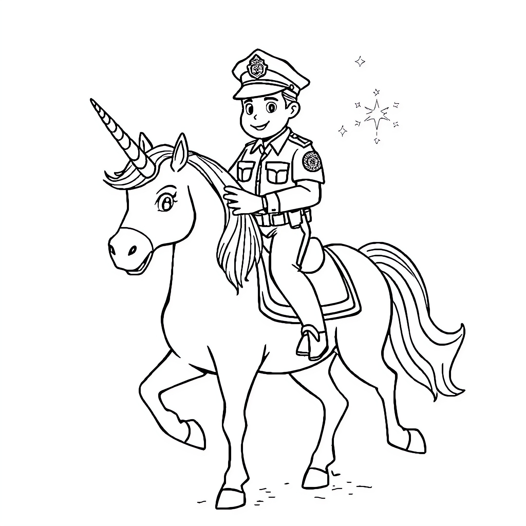 Police Officer Riding Unicorn with Magical Effects Coloring Page (free black-and-white line drawing printable PDF for all, from beginners to advanced learners, including children, teens, adults, and seniors)