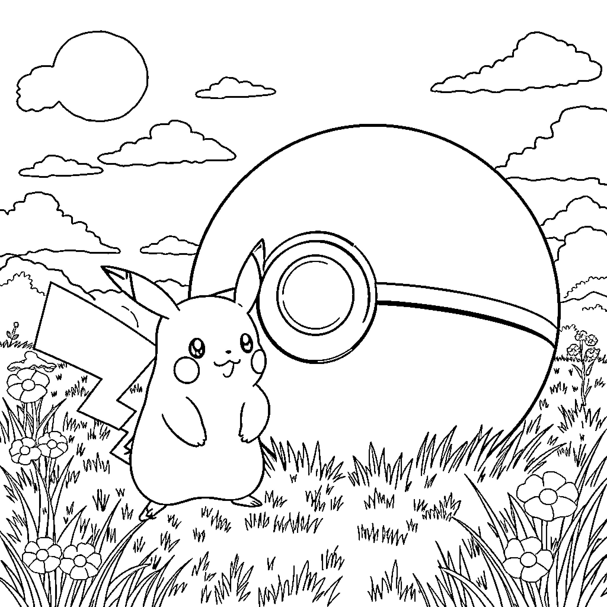 Pikachu exploring the outdoor scene Coloring Page (free black-and-white line drawing printable PDF for all, from beginners to advanced learners, including children, teens, adults, and seniors)