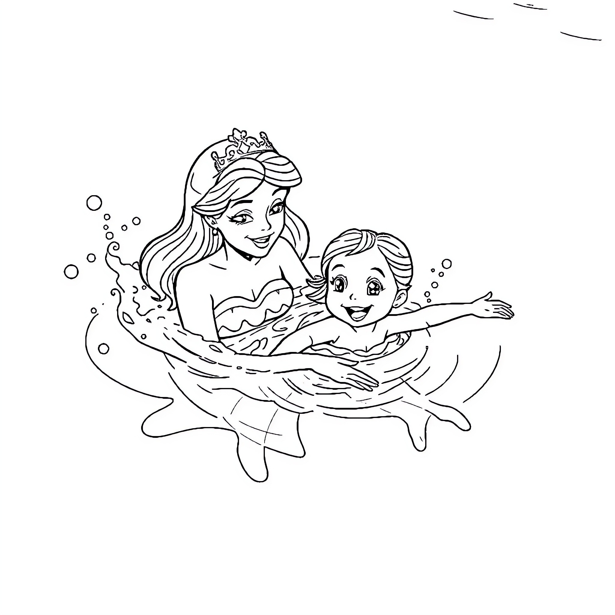 Princess Swimming with Cheerful Child Coloring Page (free black-and-white line drawing printable PDF for all, from beginners to advanced learners, including children, teens, adults, and seniors)