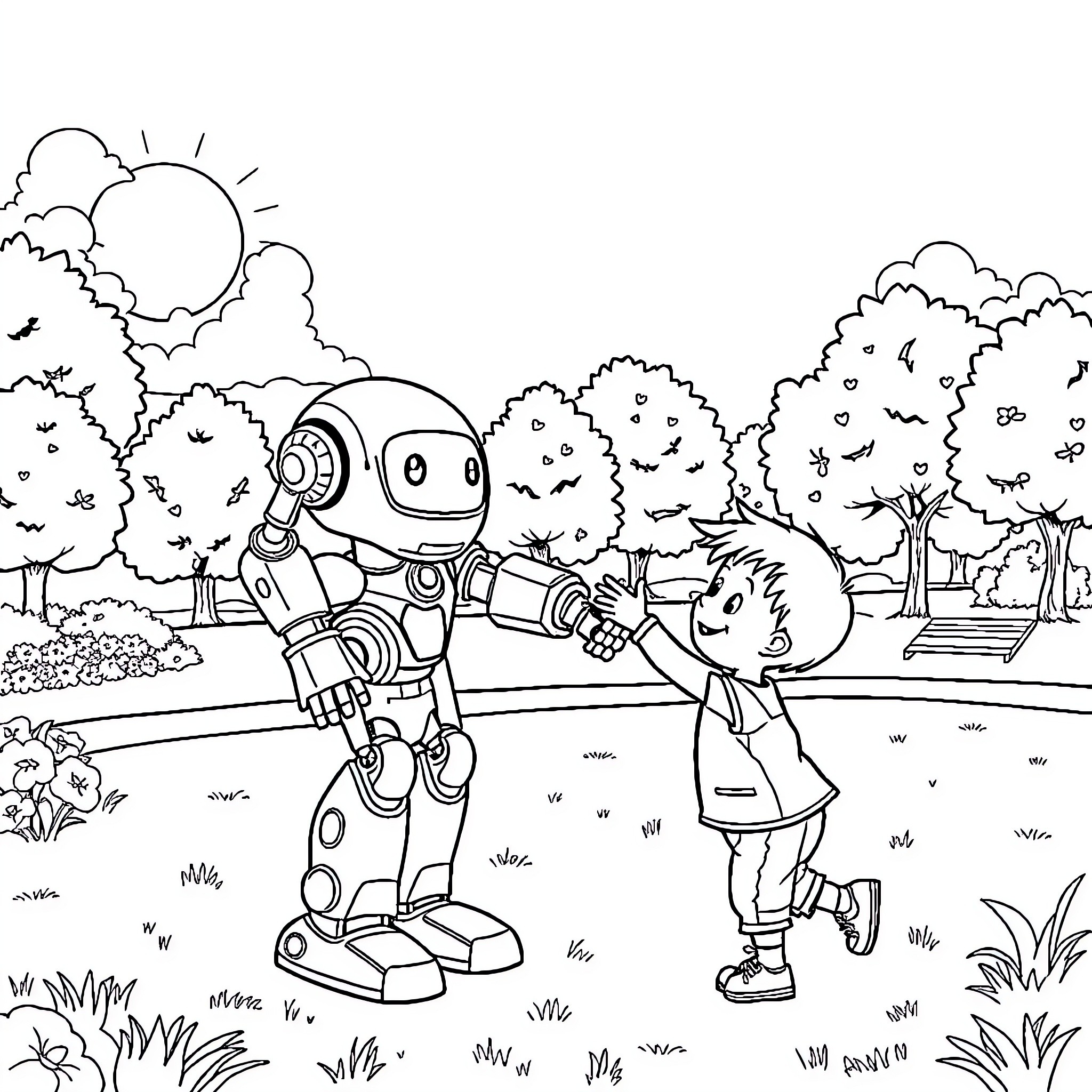 Robot meeting and interacting with a child in a nature setting Coloring Page (free black-and-white line drawing printable PDF for all, from beginners to advanced learners, including children, teens, adults, and seniors)