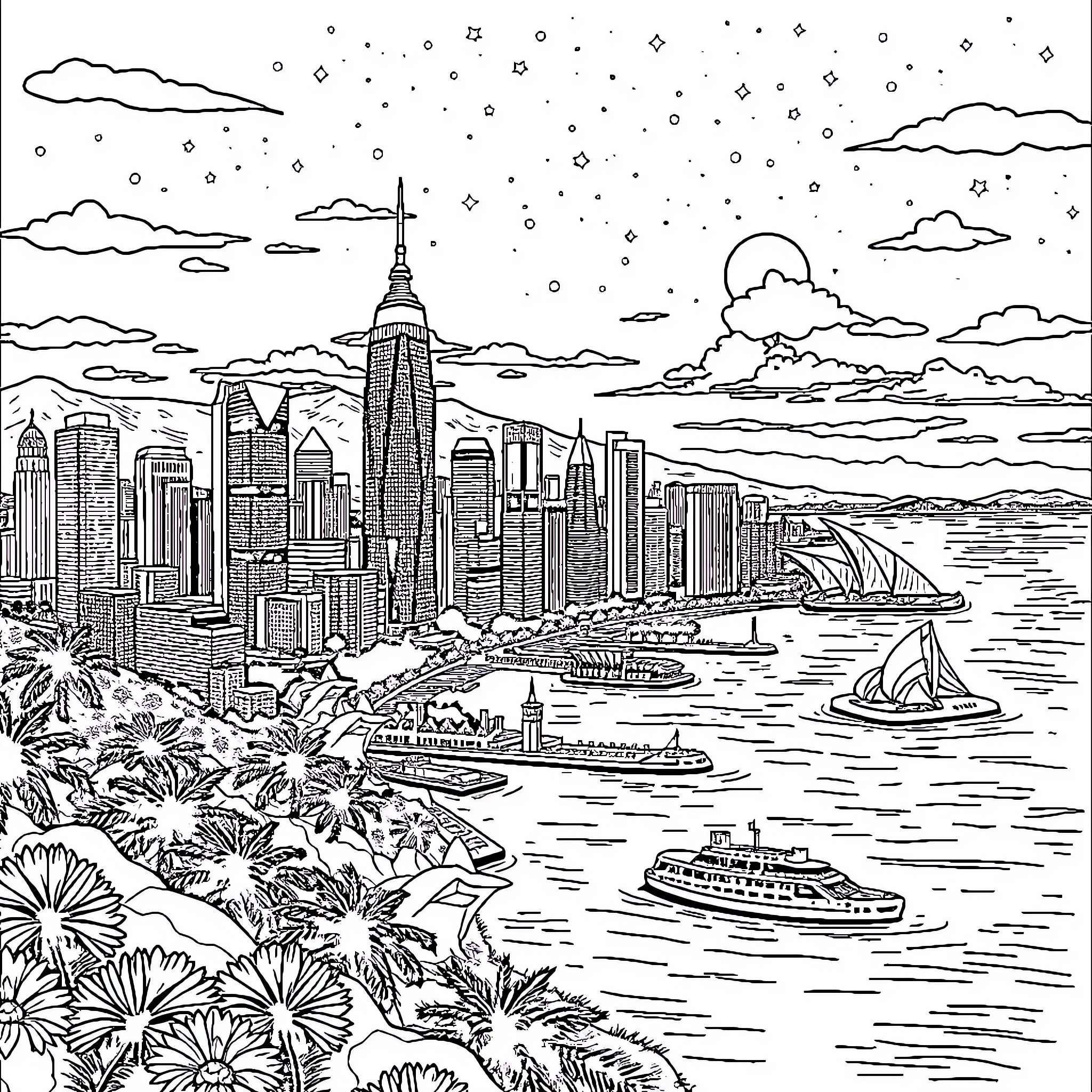 City skyline with boats and tropical flora Coloring Page (free black-and-white line drawing printable PDF for all, from beginners to advanced learners, including children, teens, adults, and seniors)