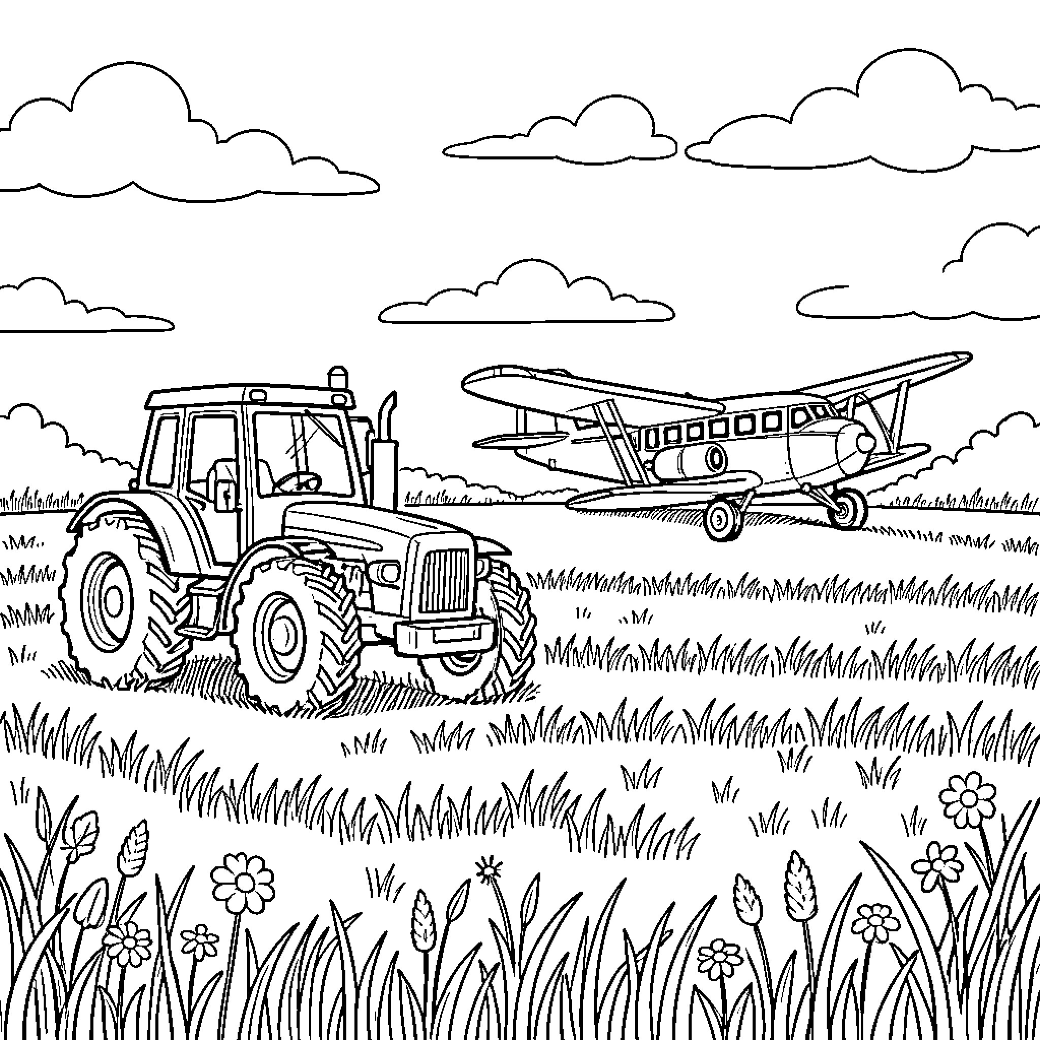 Tractor Plane flying and driving through a grassy field Coloring Page (free black-and-white line drawing printable PDF for all, from beginners to advanced learners, including children, teens, adults, and seniors)