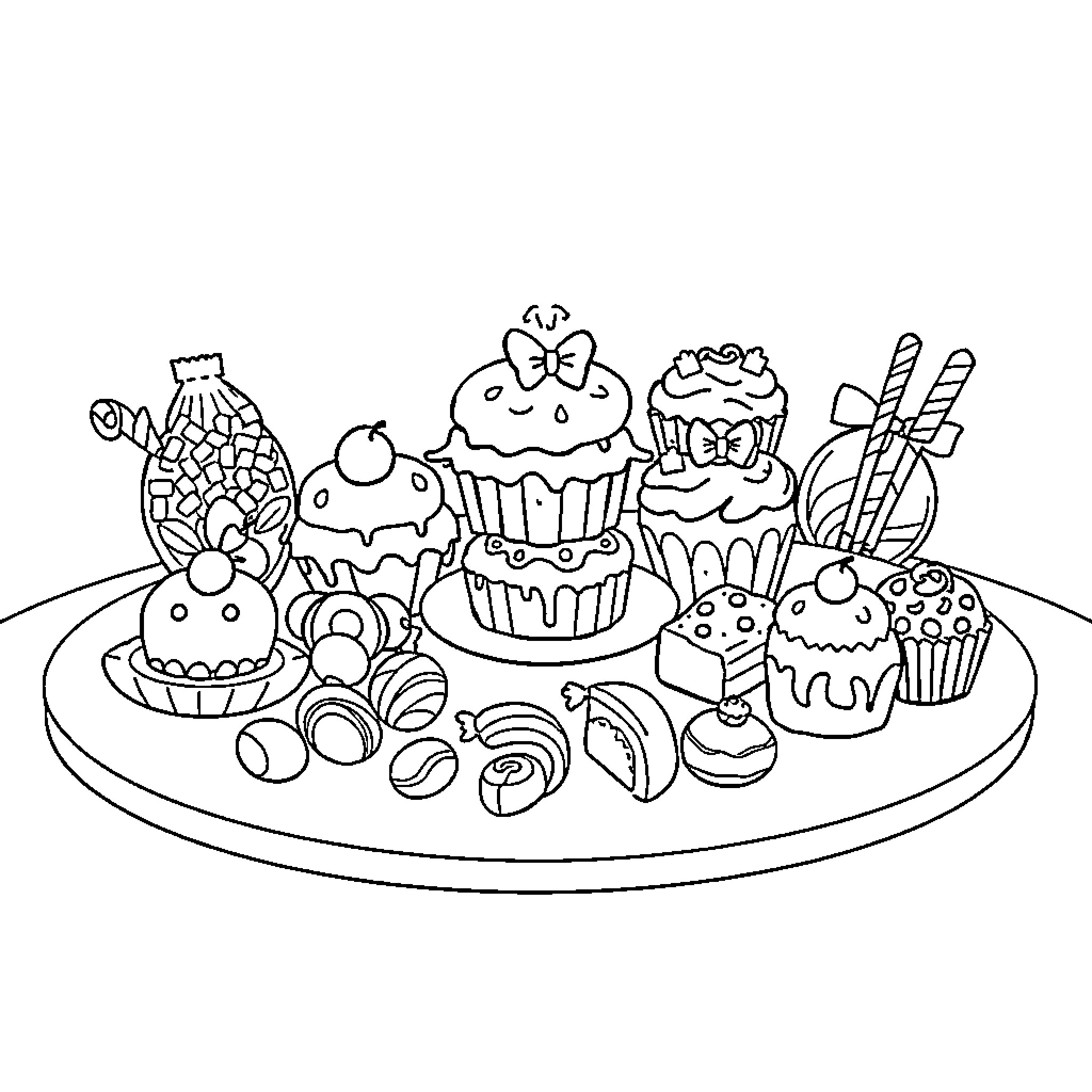 Sweet Treats Galore on Platter Coloring Page (free black-and-white line drawing printable PDF for all, from beginners to advanced learners, including children, teens, adults, and seniors)