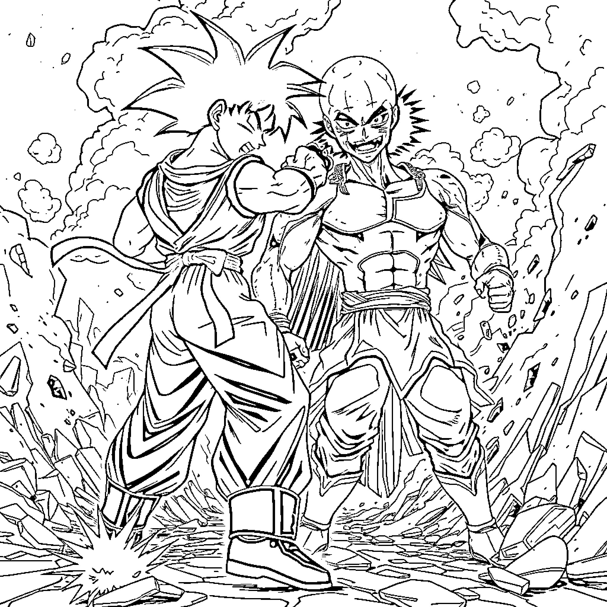 Goku's Powerful Transformation Coloring Page (free black-and-white line drawing printable PDF for all, from beginners to advanced learners, including children, teens, adults, and seniors)