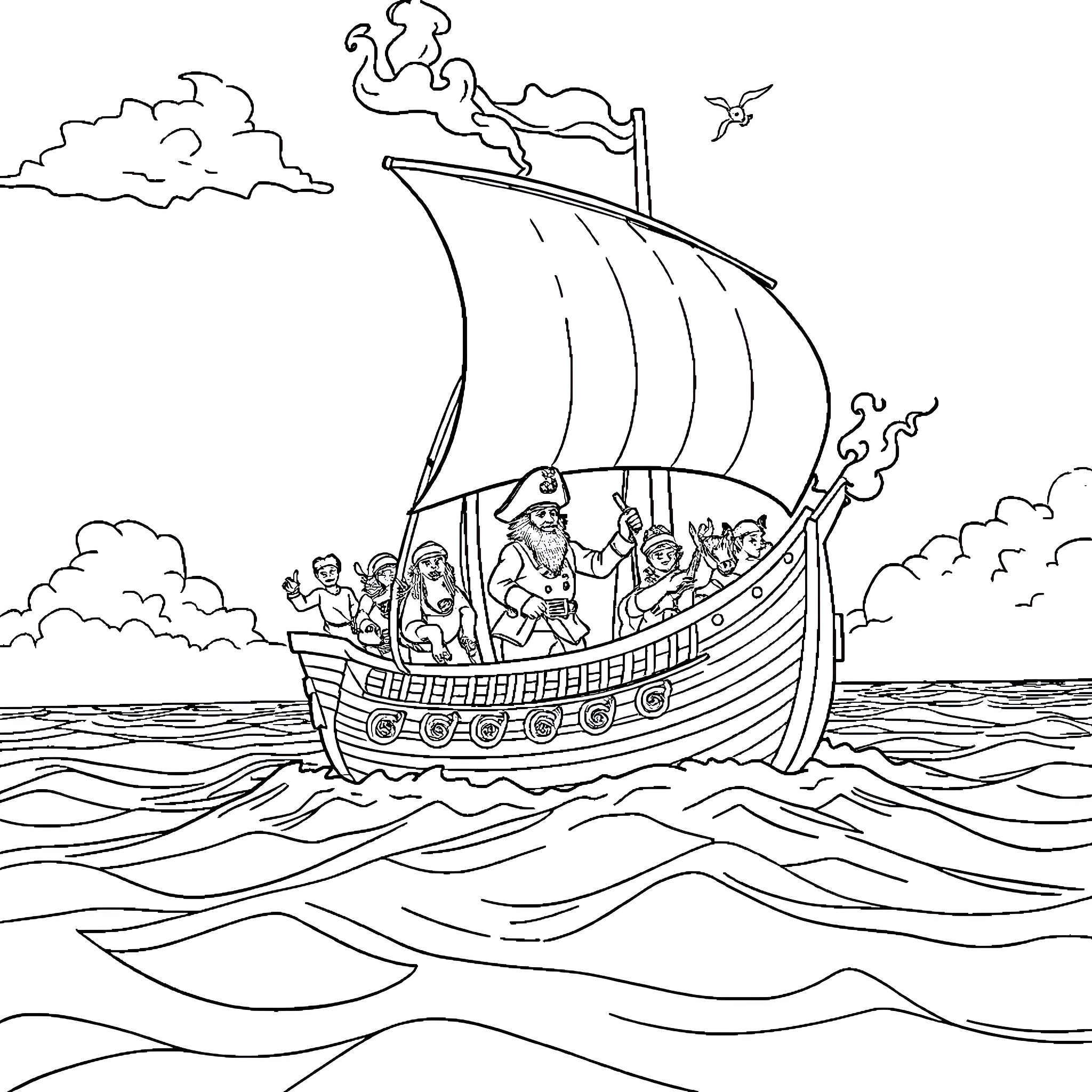 Pirate Ship Sailing the Seas with Crew Coloring Page (free black-and-white line drawing printable PDF for all, from beginners to advanced learners, including children, teens, adults, and seniors)