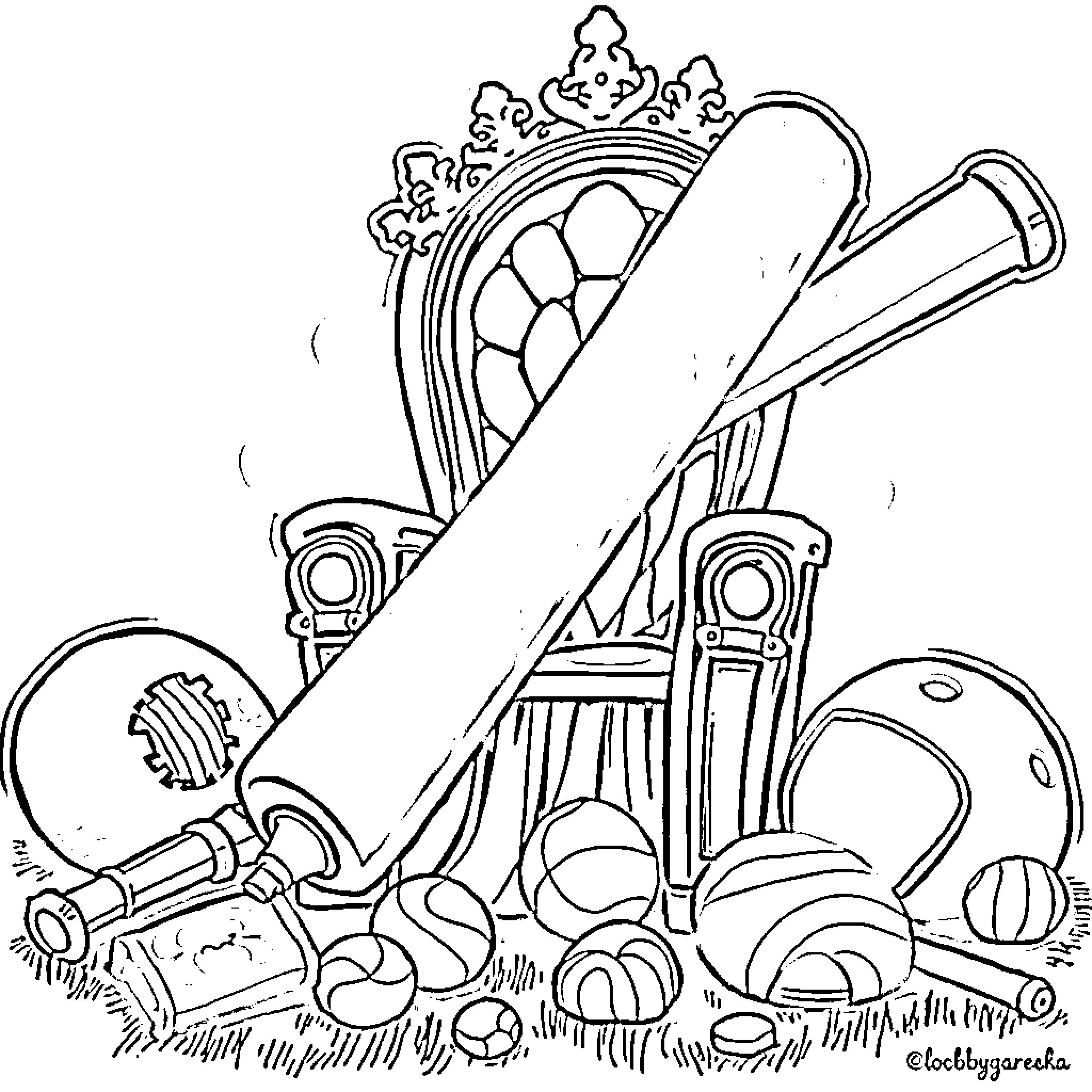 Baseball Bat and Sports Equipment on Throne Coloring Page (free black-and-white line drawing printable PDF for all, from beginners to advanced learners, including children, teens, adults, and seniors)