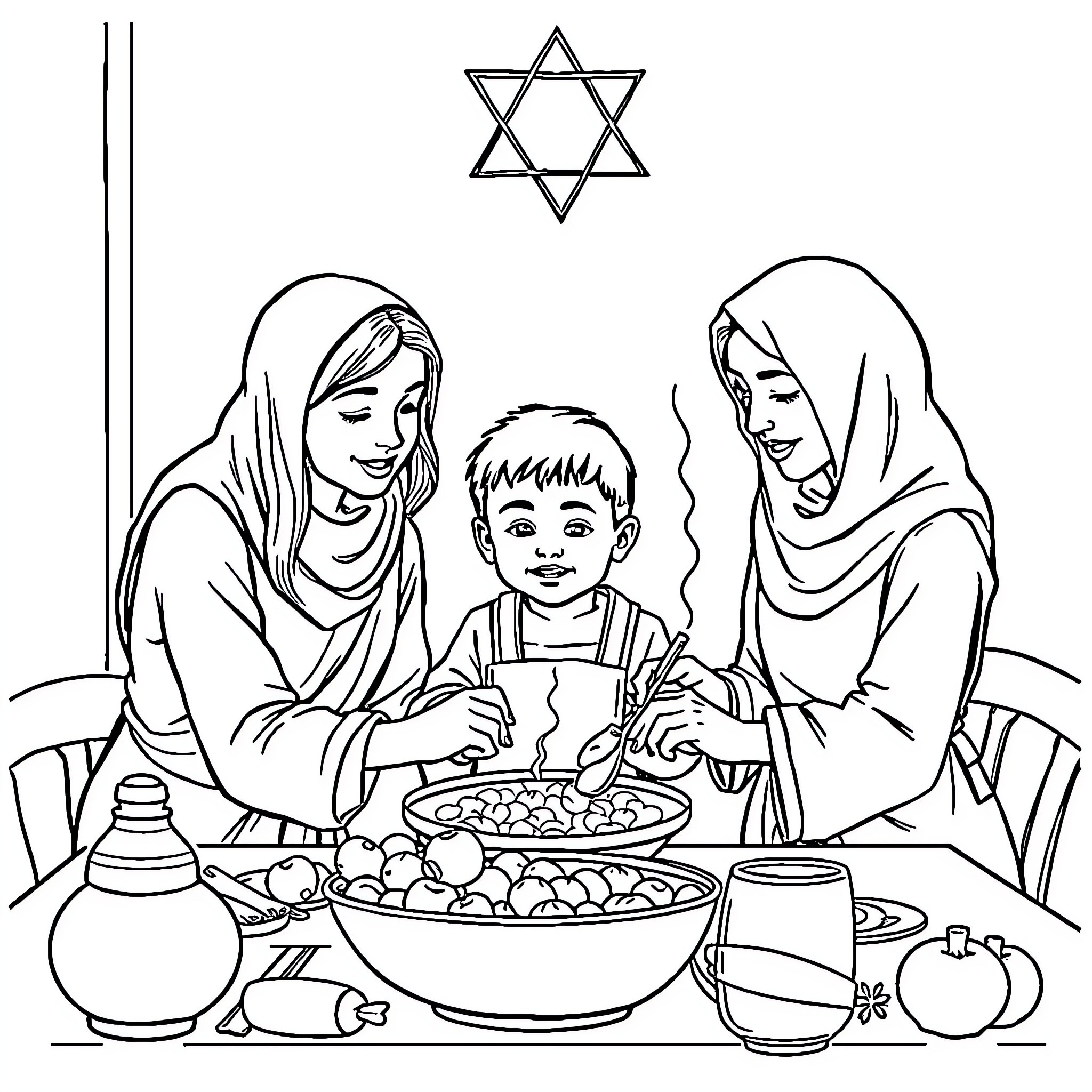 Siblings enjoying a traditional meal together Coloring Page (free black-and-white line drawing printable PDF for all, from beginners to advanced learners, including children, teens, adults, and seniors)
