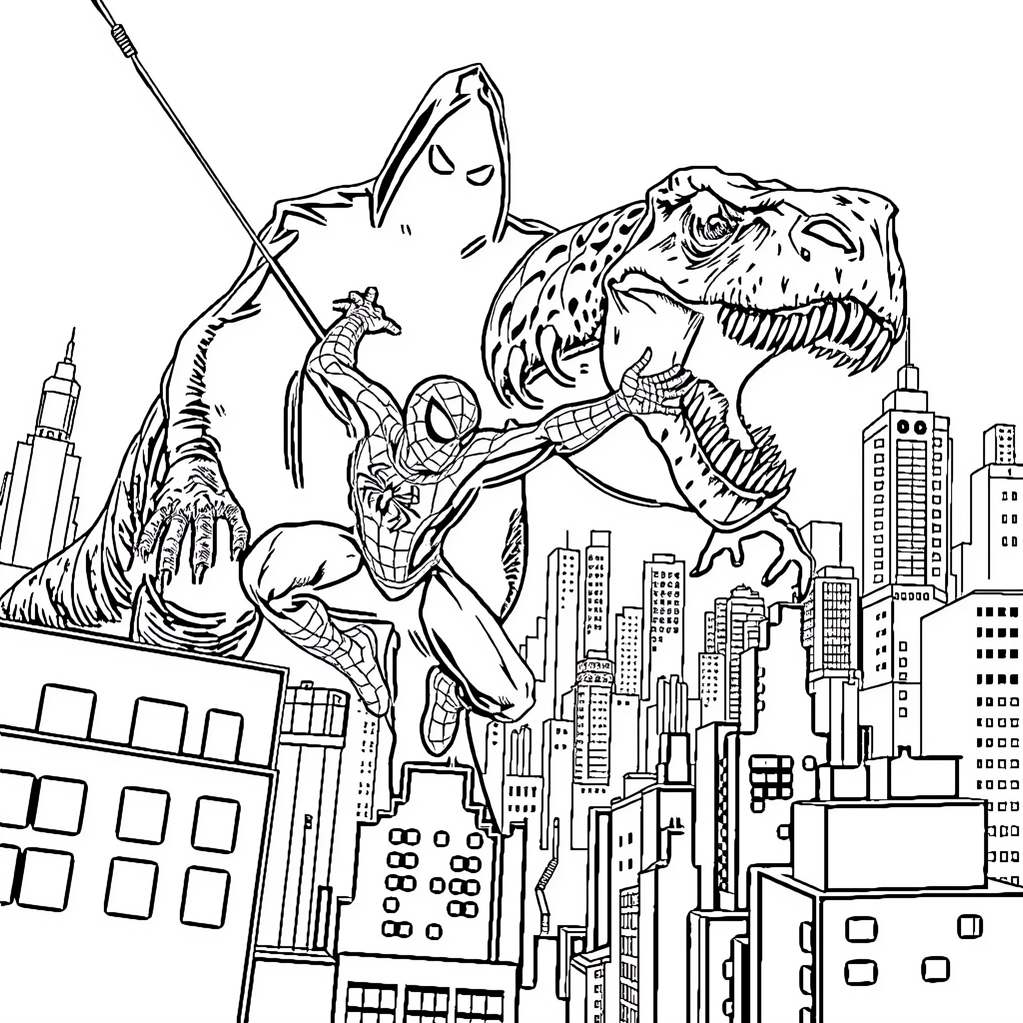 Spiderman facing off against a giant dinosaur in the city Coloring Page (free black-and-white line drawing printable PDF for all, from beginners to advanced learners, including children, teens, adults, and seniors)
