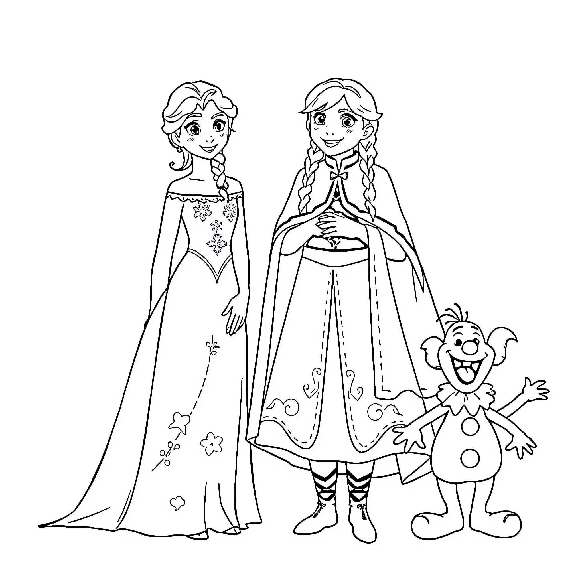 Frozen characters in winter outfits Coloring Page (free black-and-white line drawing printable PDF for all, from beginners to advanced learners, including children, teens, adults, and seniors)