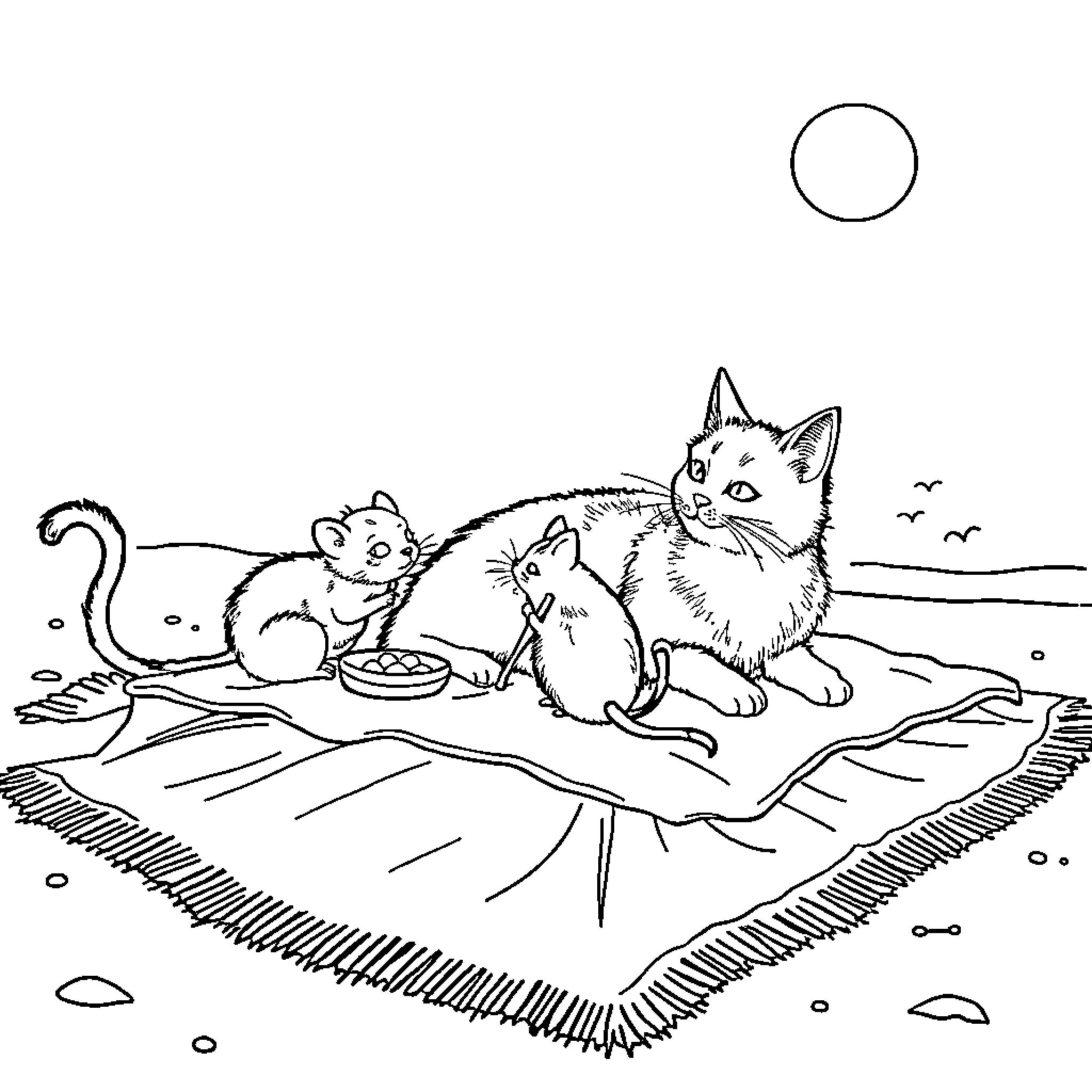 Cat family enjoying picnic outdoors Coloring Page (free black-and-white line drawing printable PDF for all, from beginners to advanced learners, including children, teens, adults, and seniors)
