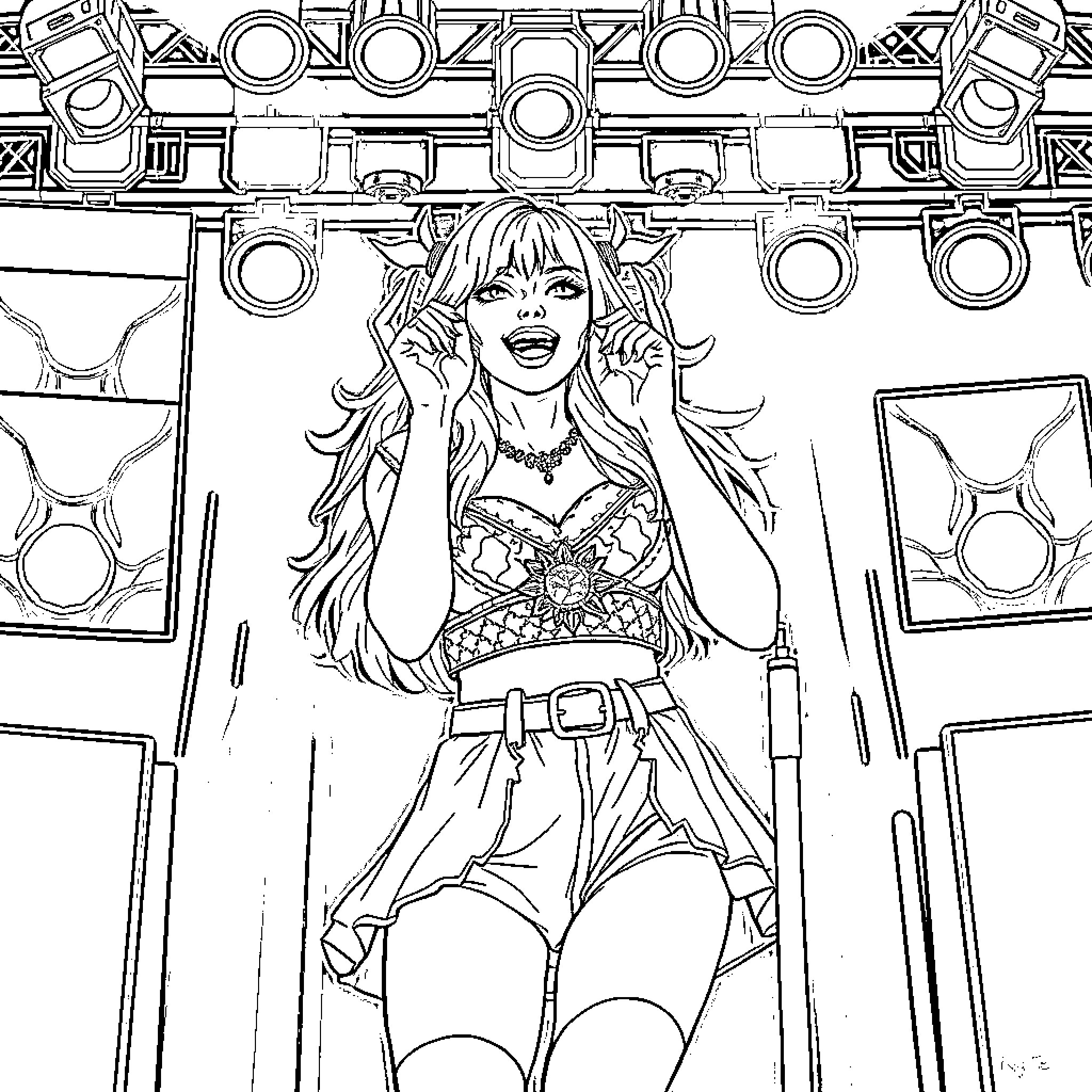 Zoey's Energetic Pose on Stage Coloring Page (free black-and-white line drawing printable PDF for all, from beginners to advanced learners, including children, teens, adults, and seniors)