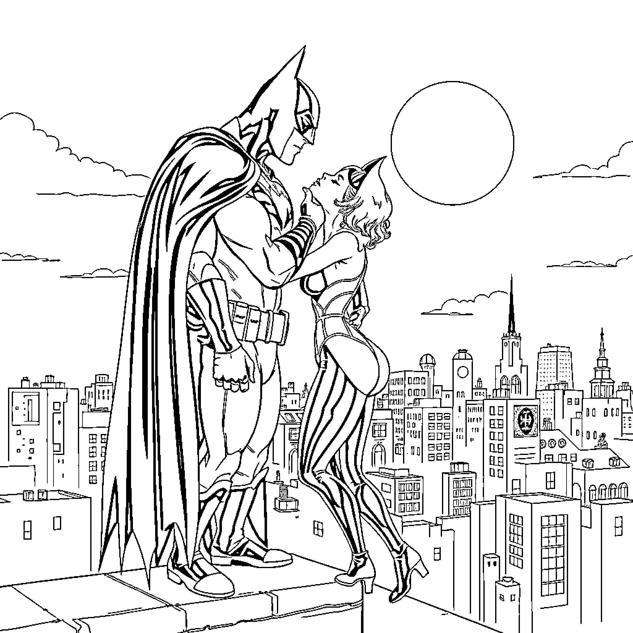 Batman embracing a mysterious female figure atop a city skyline Coloring Page (free black-and-white line drawing printable PDF for all, from beginners to advanced learners, including children, teens, adults, and seniors)
