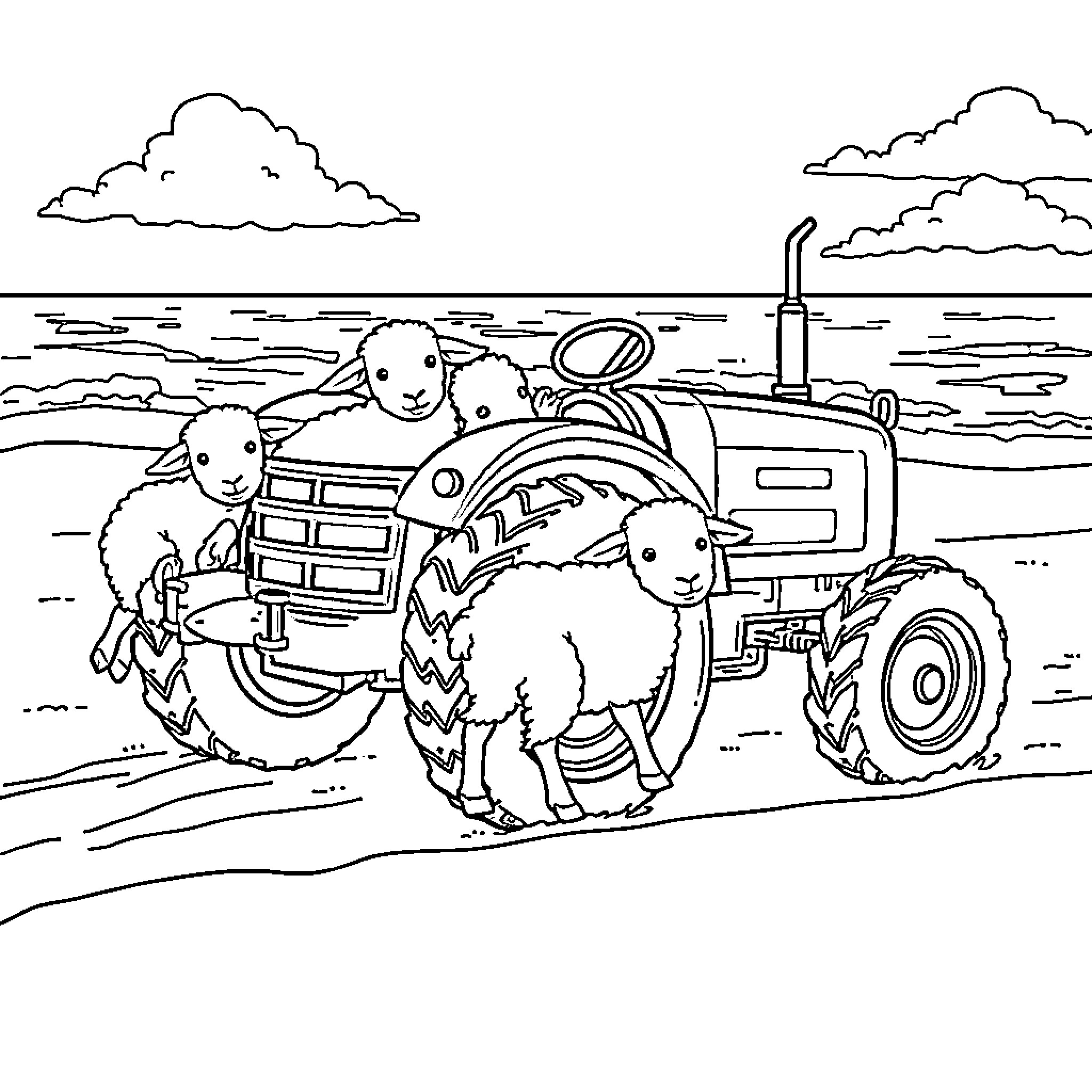 Lamb playing joyfully on a farm tractor Coloring Page (free black-and-white line drawing printable PDF for all, from beginners to advanced learners, including children, teens, adults, and seniors)