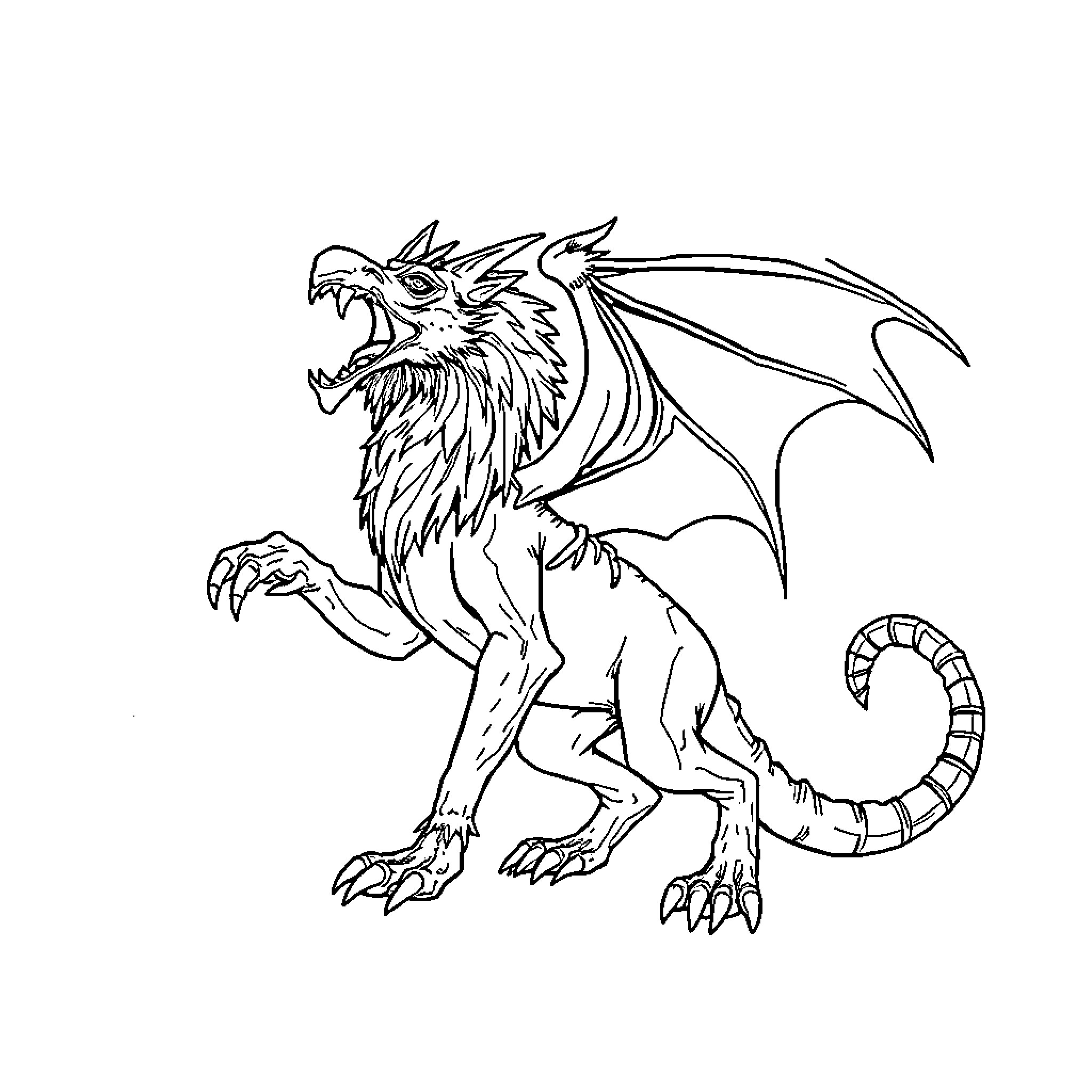 Manticore with Fierce Demeanor and Prominent Features Coloring Page (free black-and-white line drawing printable PDF for all, from beginners to advanced learners, including children, teens, adults, and seniors)