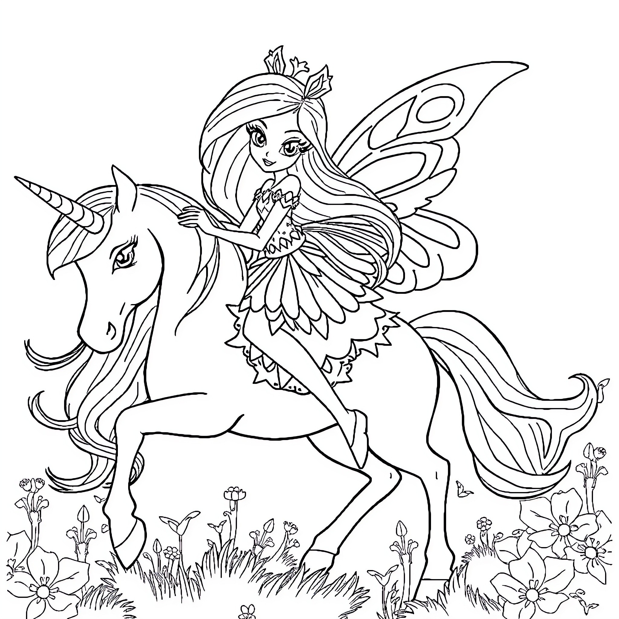 Flora's Enchanting Unicorn Adventure Coloring Page (free black-and-white line drawing printable PDF for all, from beginners to advanced learners, including children, teens, adults, and seniors)