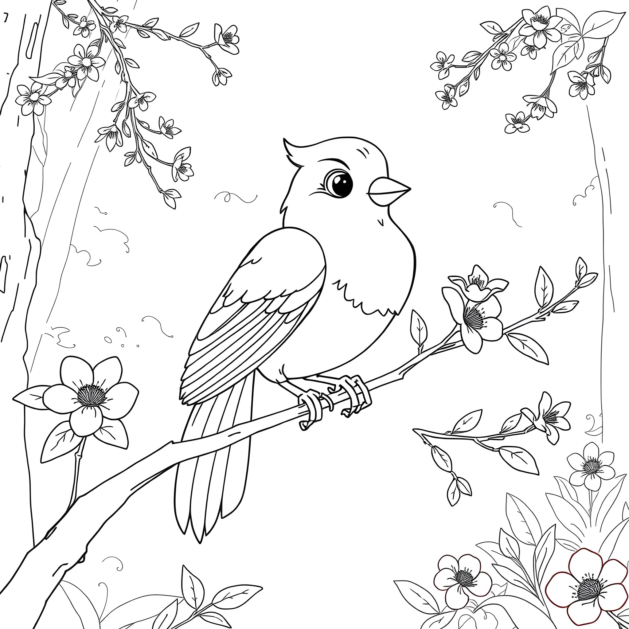 Babette the Songbird in a Floral Wonderland Coloring Page (free black-and-white line drawing printable PDF for all, from beginners to advanced learners, including children, teens, adults, and seniors)