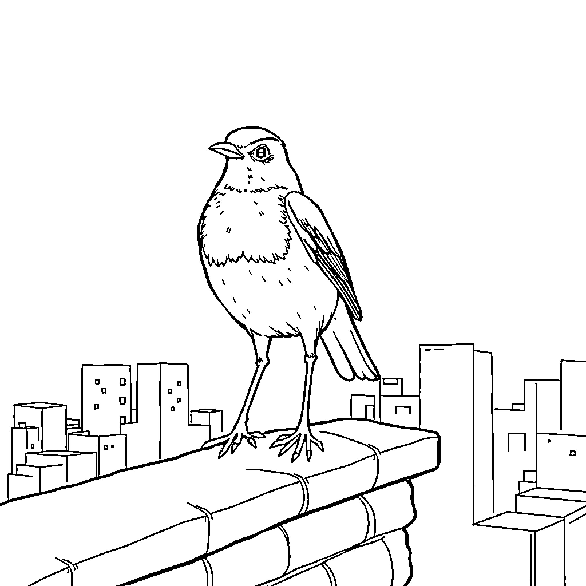 Robin perching on books in urban landscape Coloring Page (free black-and-white line drawing printable PDF for all, from beginners to advanced learners, including children, teens, adults, and seniors)