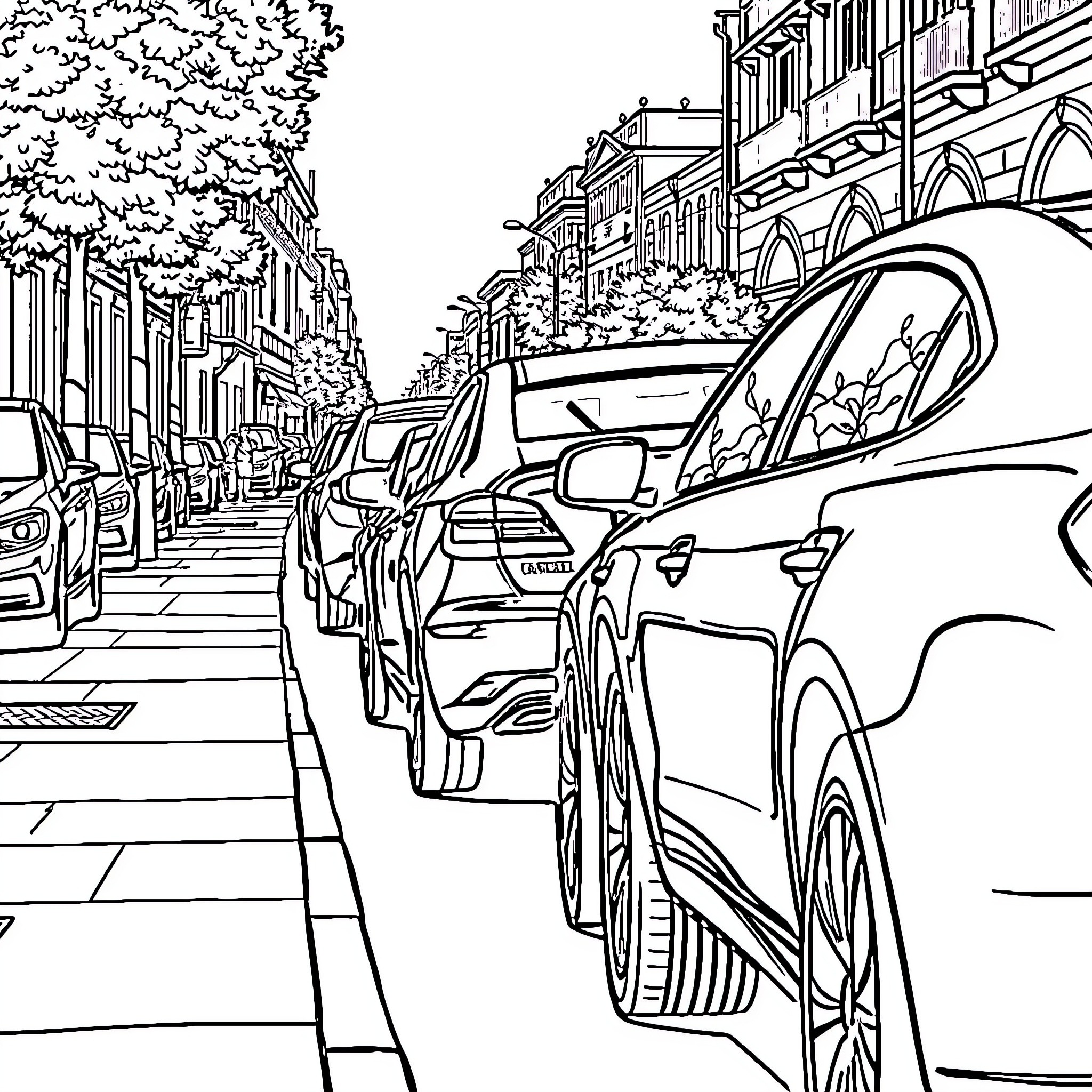 Cars parked on a busy city street Coloring Page (free black-and-white line drawing printable PDF for all, from beginners to advanced learners, including children, teens, adults, and seniors)