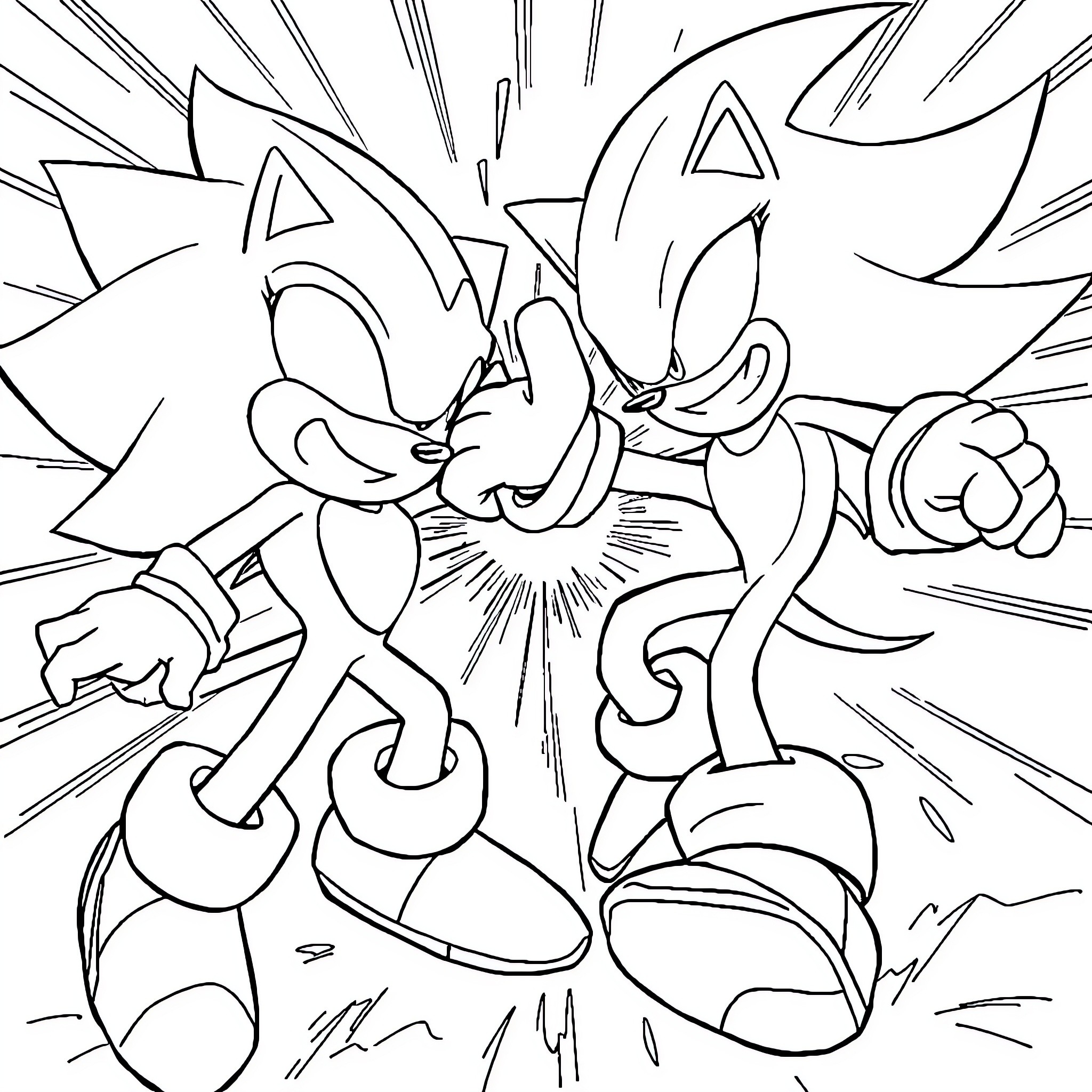 Shadow Heroic Characters Clashing in Action Coloring Page (free black-and-white line drawing printable PDF for all, from beginners to advanced learners, including children, teens, adults, and seniors)