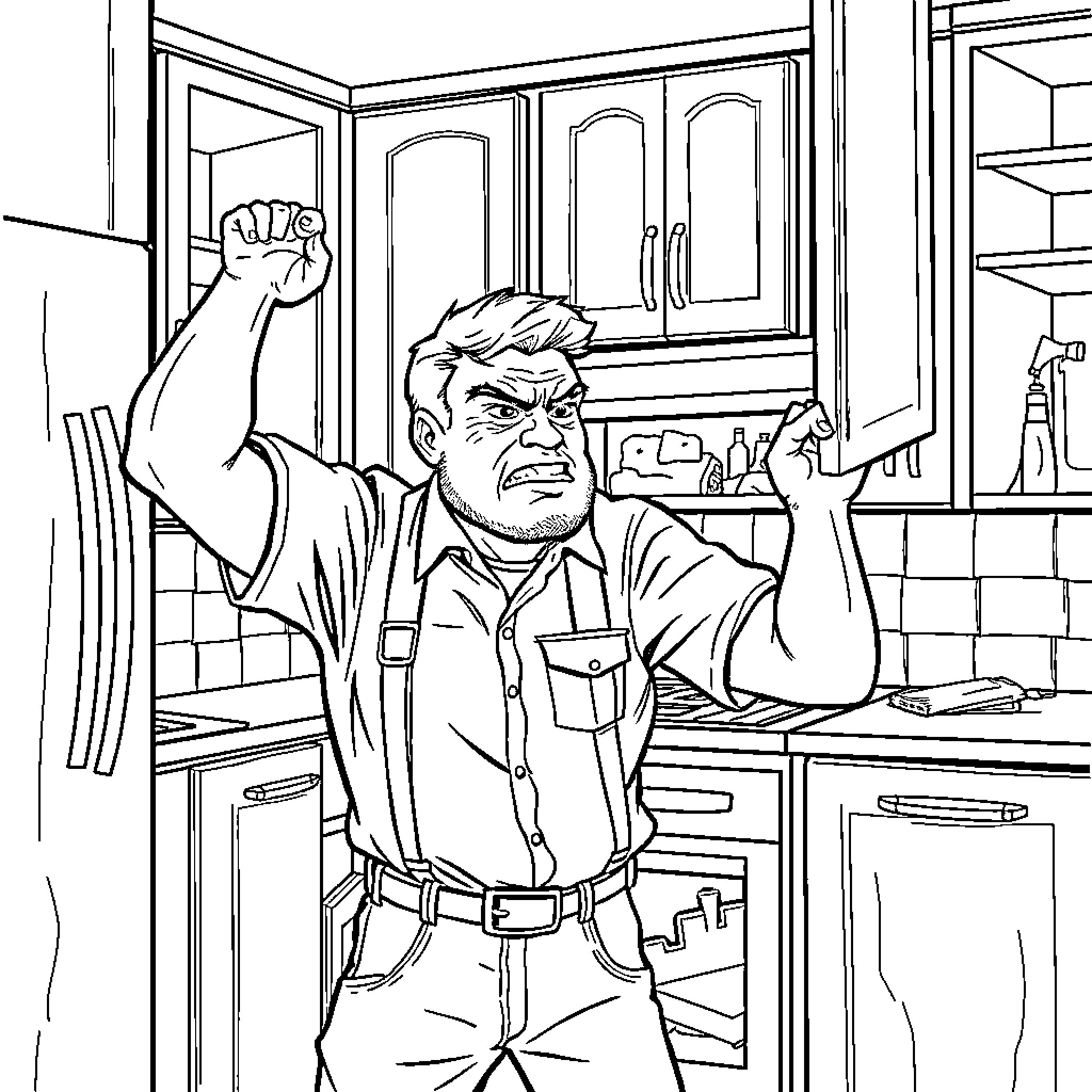 Man expressing anger in the kitchen Coloring Page (free black-and-white line drawing printable PDF for all, from beginners to advanced learners, including children, teens, adults, and seniors)