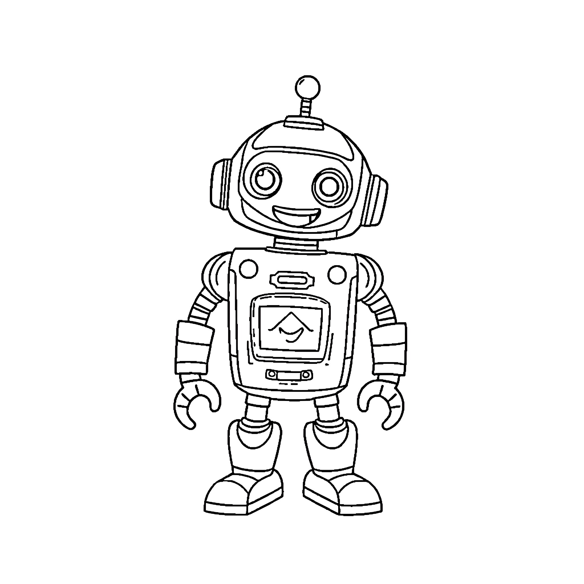 Robot happily waving with a friendly expression Coloring Page (free black-and-white line drawing printable PDF for all, from beginners to advanced learners, including children, teens, adults, and seniors)
