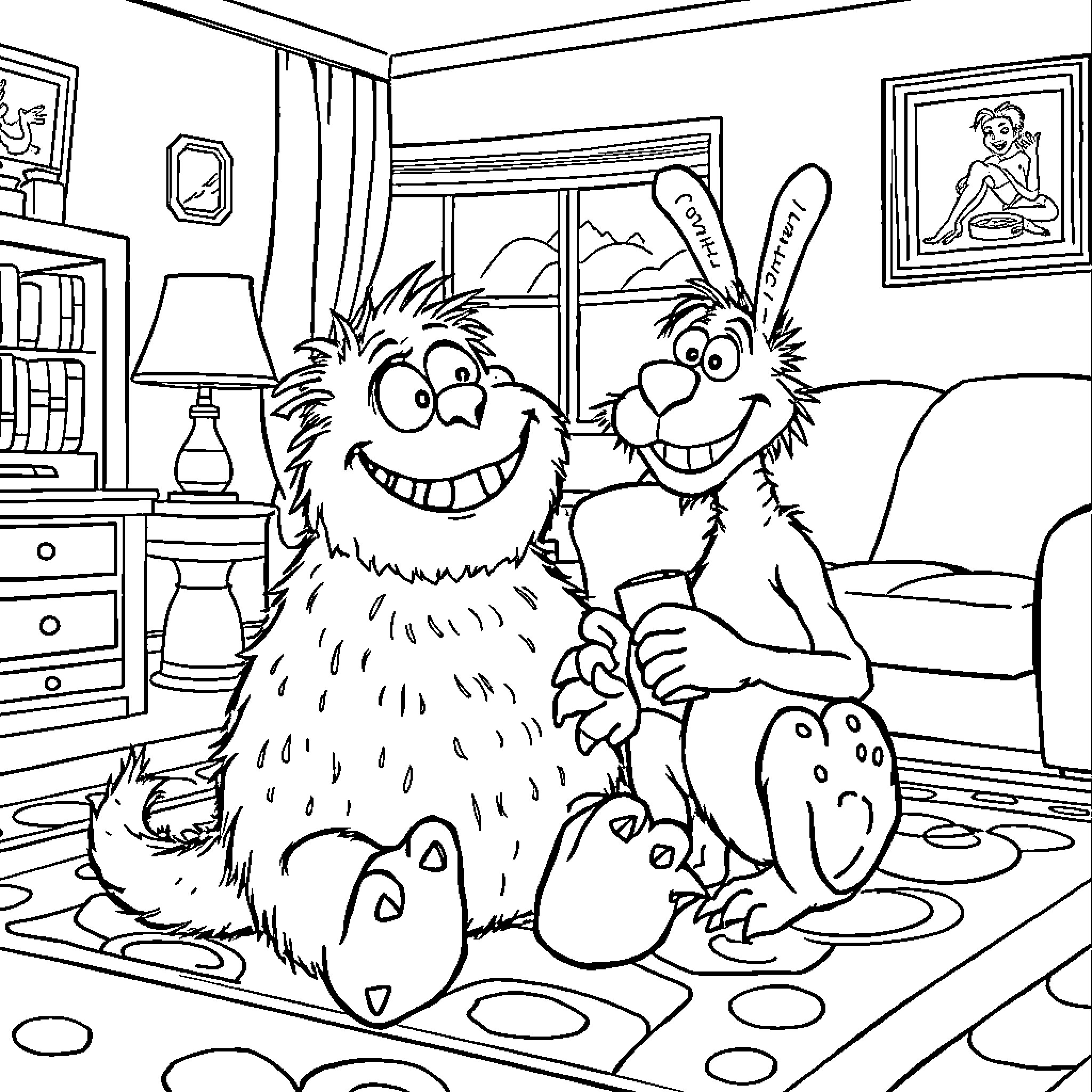Monster friends having a cozy indoor gathering Coloring Page (free black-and-white line drawing printable PDF for all, from beginners to advanced learners, including children, teens, adults, and seniors)