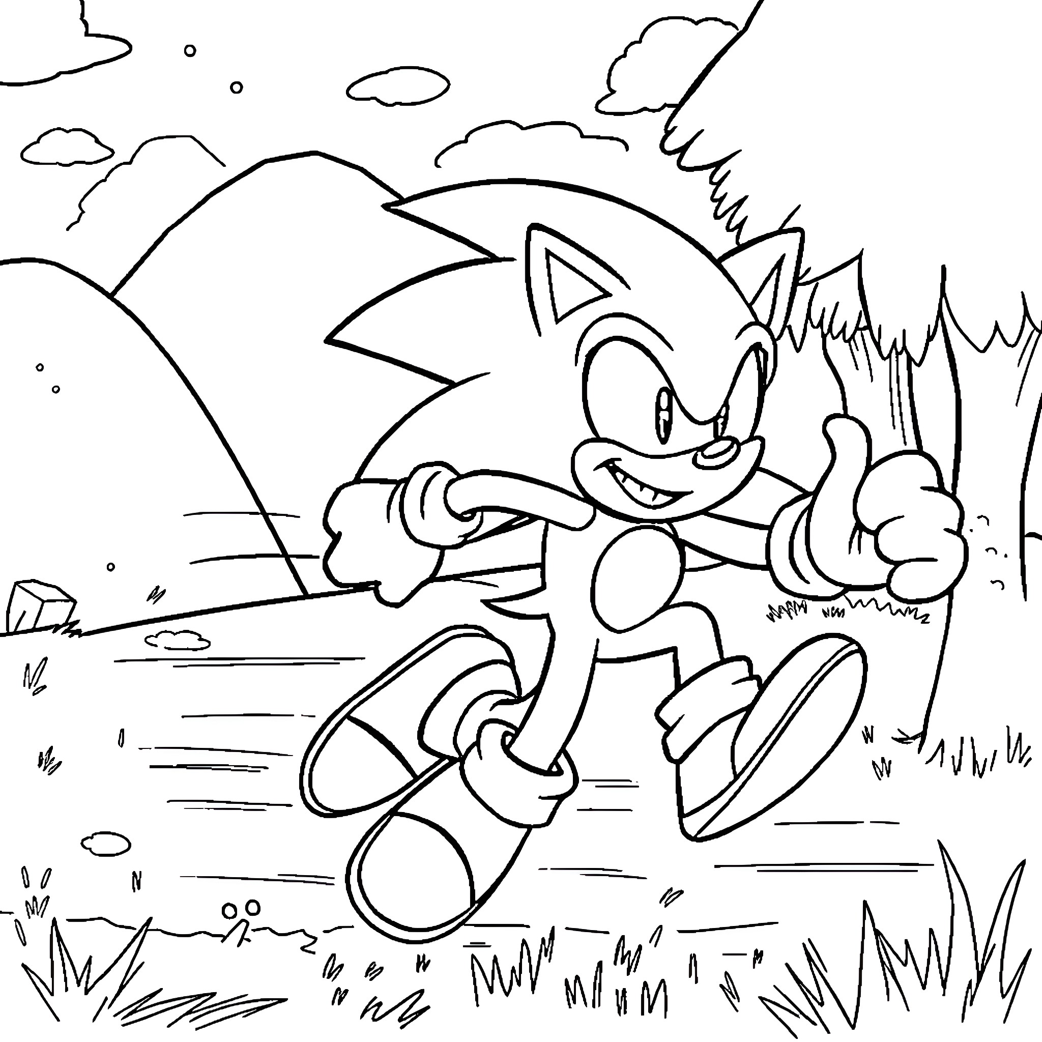 Sonic Running Energetically Through Nature Coloring Page (free black-and-white line drawing printable PDF for all, from beginners to advanced learners, including children, teens, adults, and seniors)