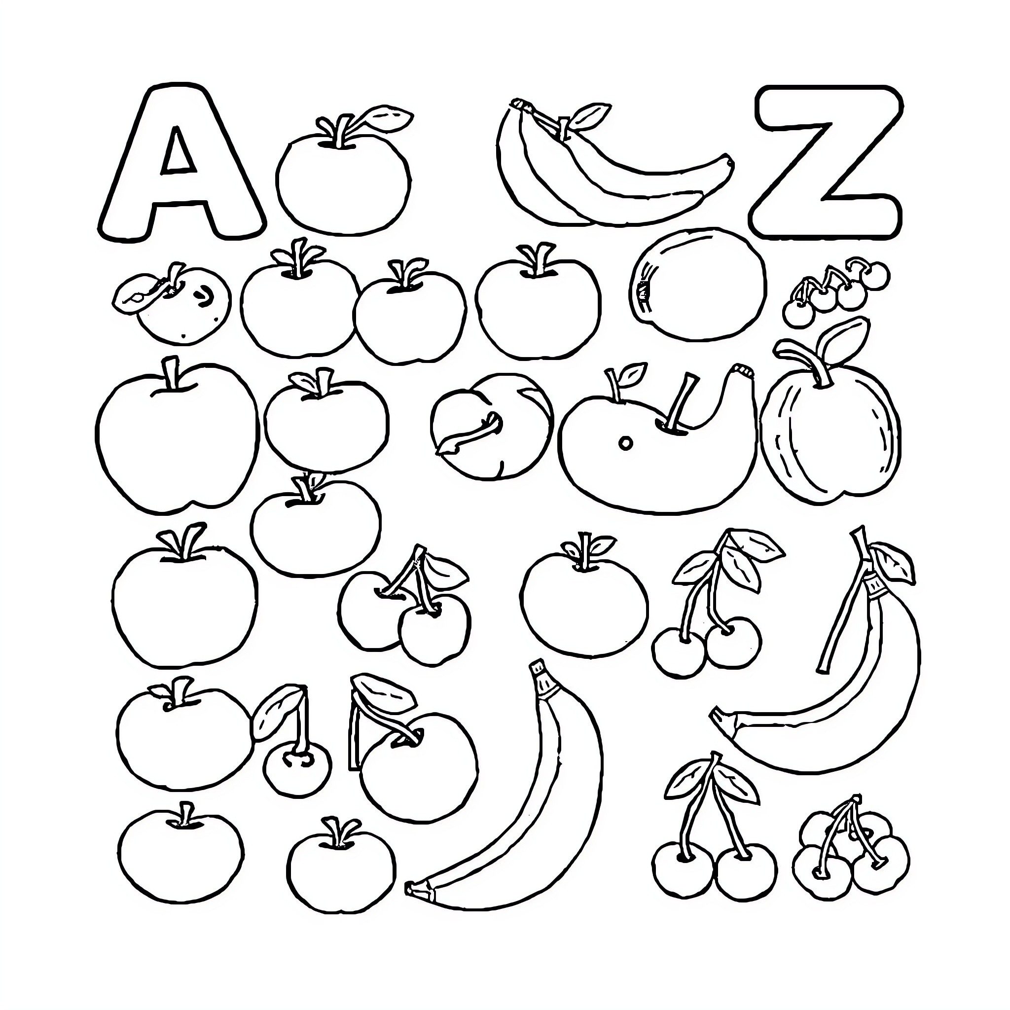 Fruit Alphabet with Stylized Fruit Illustrations Coloring Page (free black-and-white line drawing printable PDF for all, from beginners to advanced learners, including children, teens, adults, and seniors)
