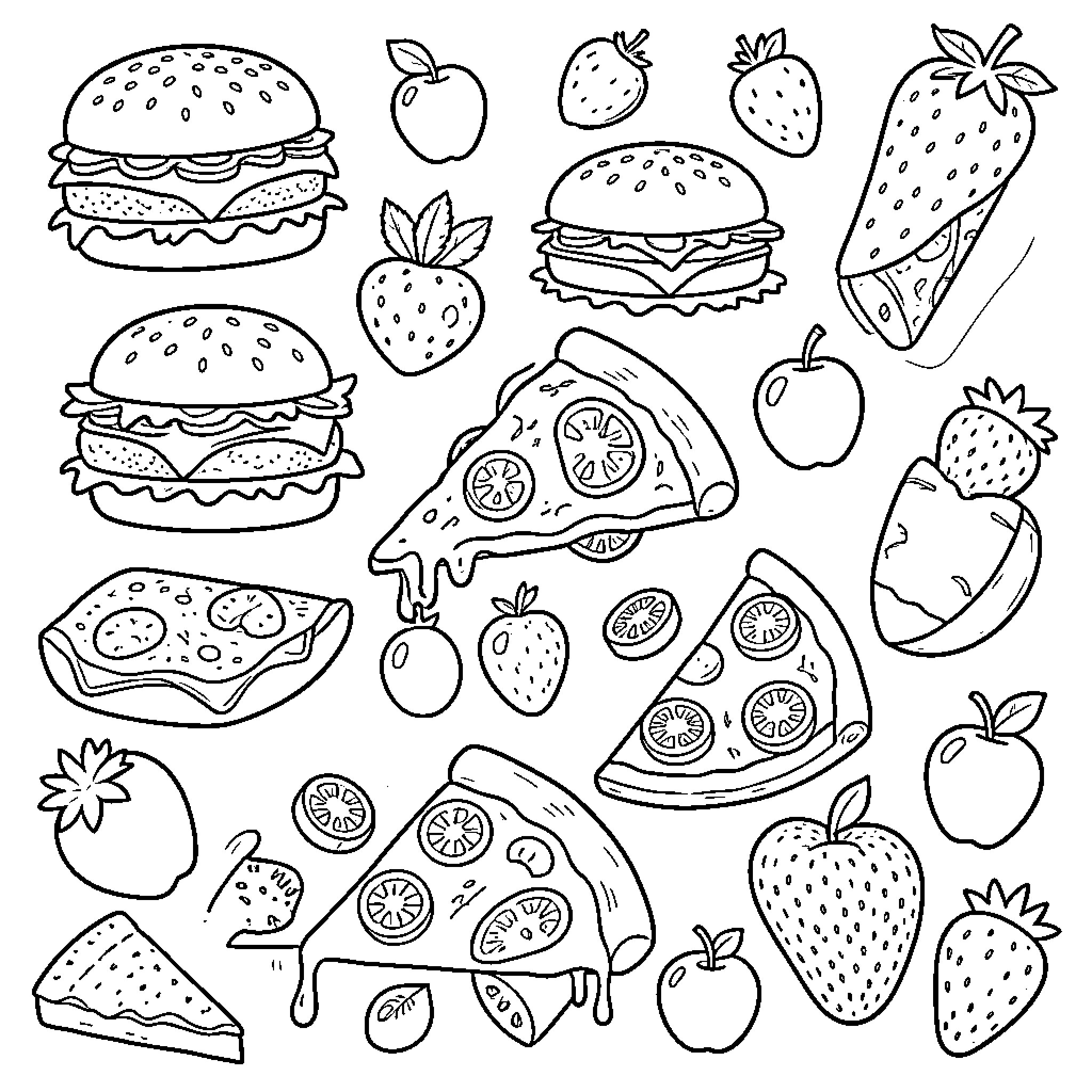 Food items arranged in a fun pattern Coloring Page (free black-and-white line drawing printable PDF for all, from beginners to advanced learners, including children, teens, adults, and seniors)