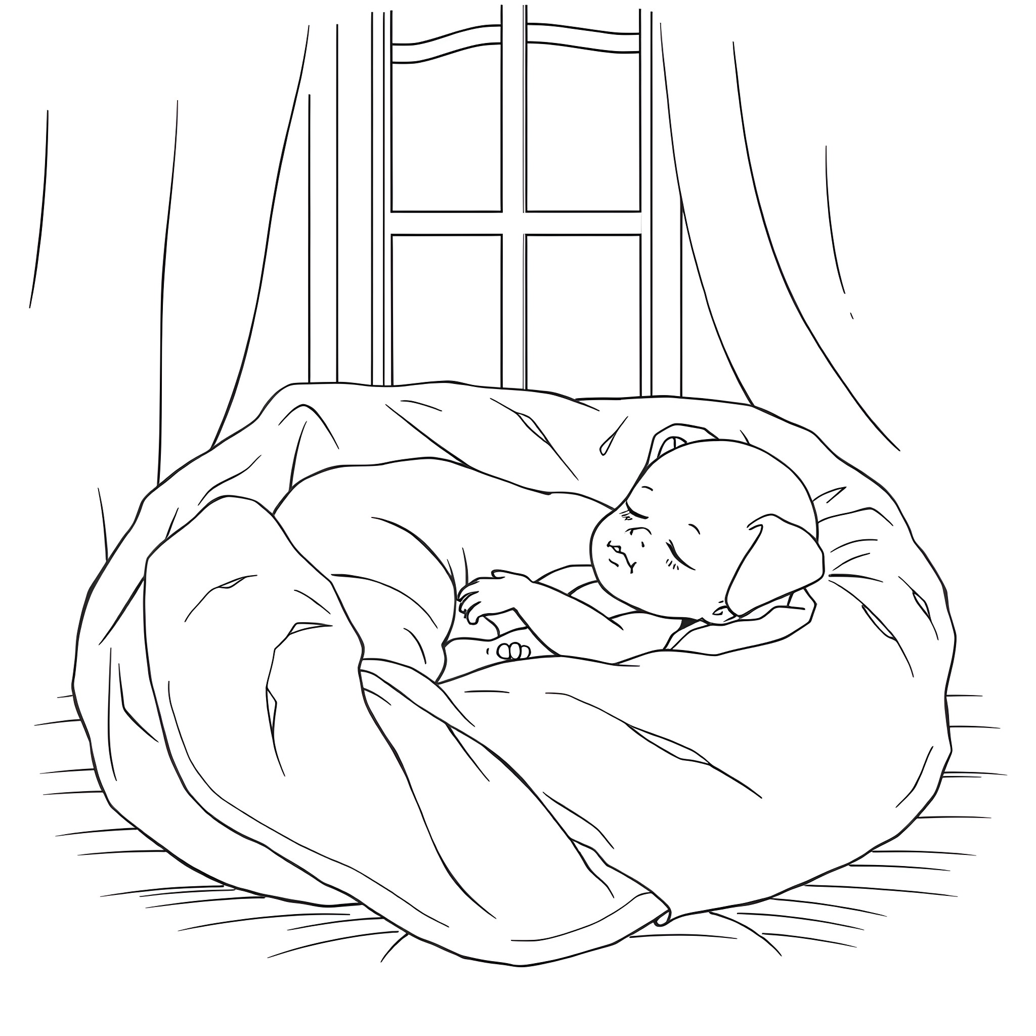 Baby sleeping peacefully in cozy bed Coloring Page (free black-and-white line drawing printable PDF for all, from beginners to advanced learners, including children, teens, adults, and seniors)