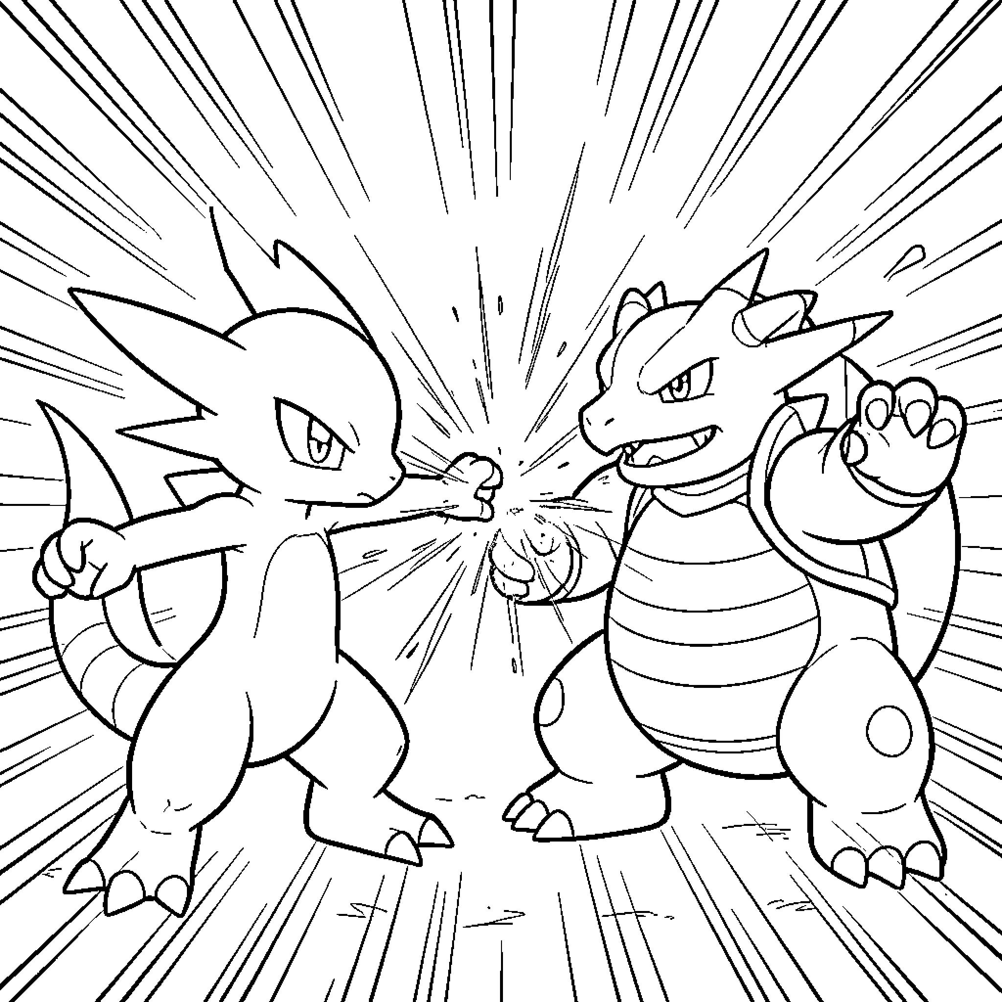 Pokémon engaging in an intense battle scene Coloring Page (free black-and-white line drawing printable PDF for all, from beginners to advanced learners, including children, teens, adults, and seniors)