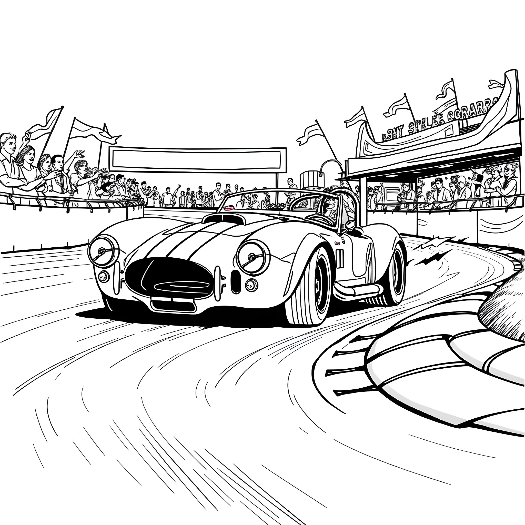 Shelby Cobra racing on the track with cheering crowd Coloring Page (free black-and-white line drawing printable PDF for all, from beginners to advanced learners, including children, teens, adults, and seniors)