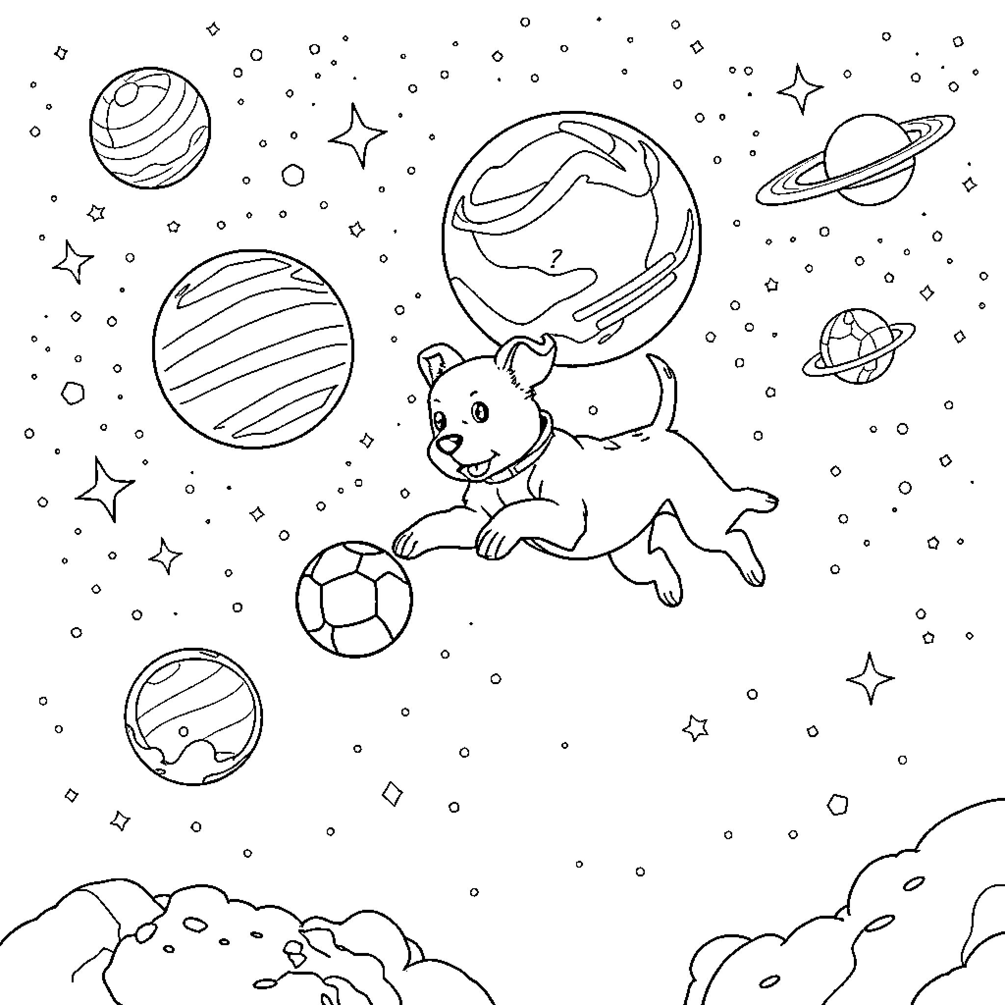 Dog Playing with Space Balls in the Cosmos Coloring Page (free black-and-white line drawing printable PDF for all, from beginners to advanced learners, including children, teens, adults, and seniors)