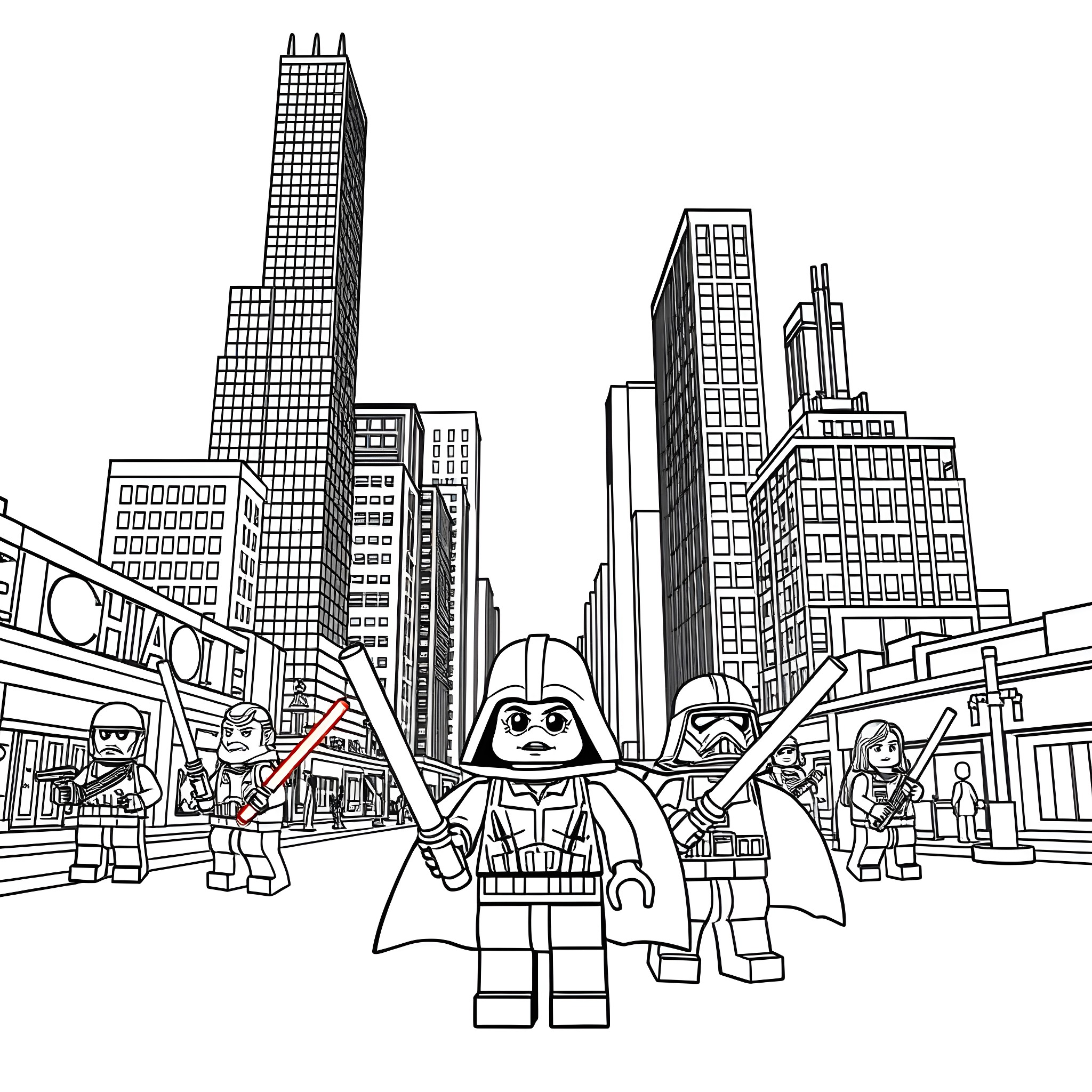 Lego Star Wars characters in a cityscape Coloring Page (free black-and-white line drawing printable PDF for all, from beginners to advanced learners, including children, teens, adults, and seniors)