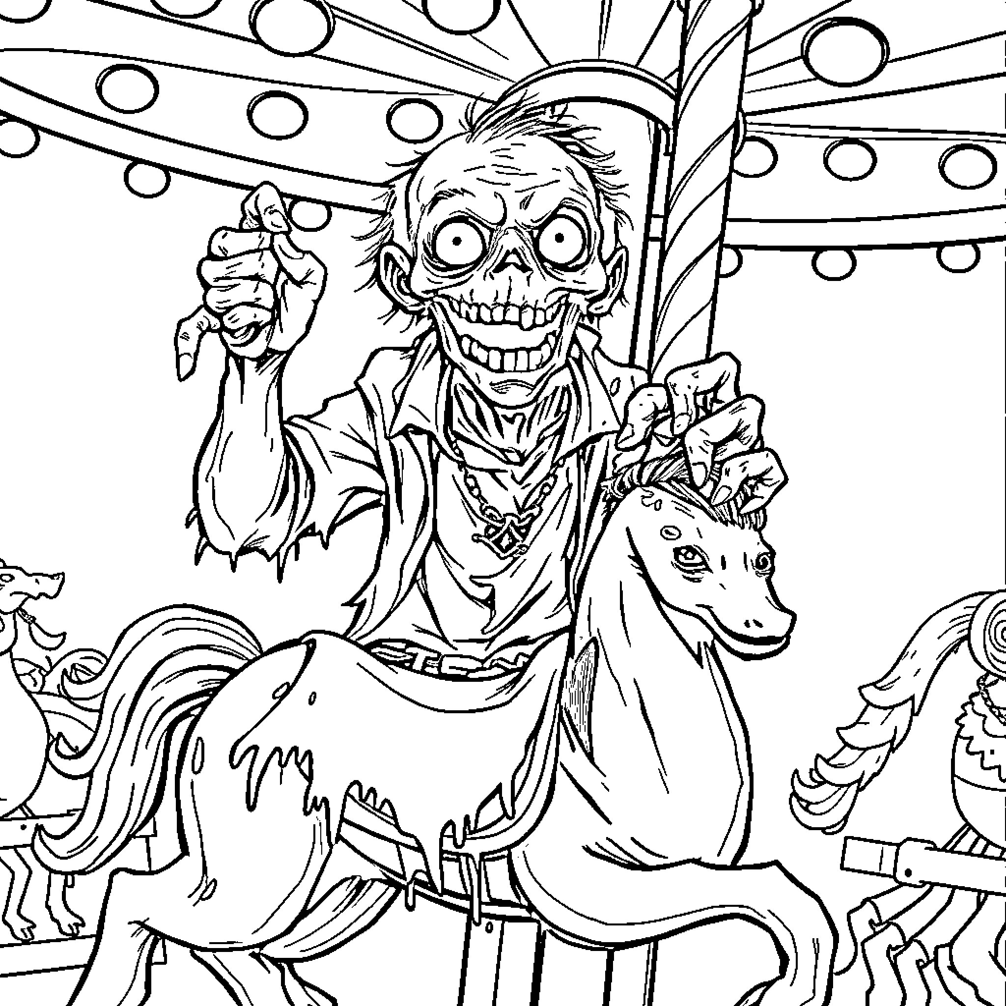 Zombie Riding a Carousel Horse with Deranged Expression Coloring Page (free black-and-white line drawing printable PDF for all, from beginners to advanced learners, including children, teens, adults, and seniors)
